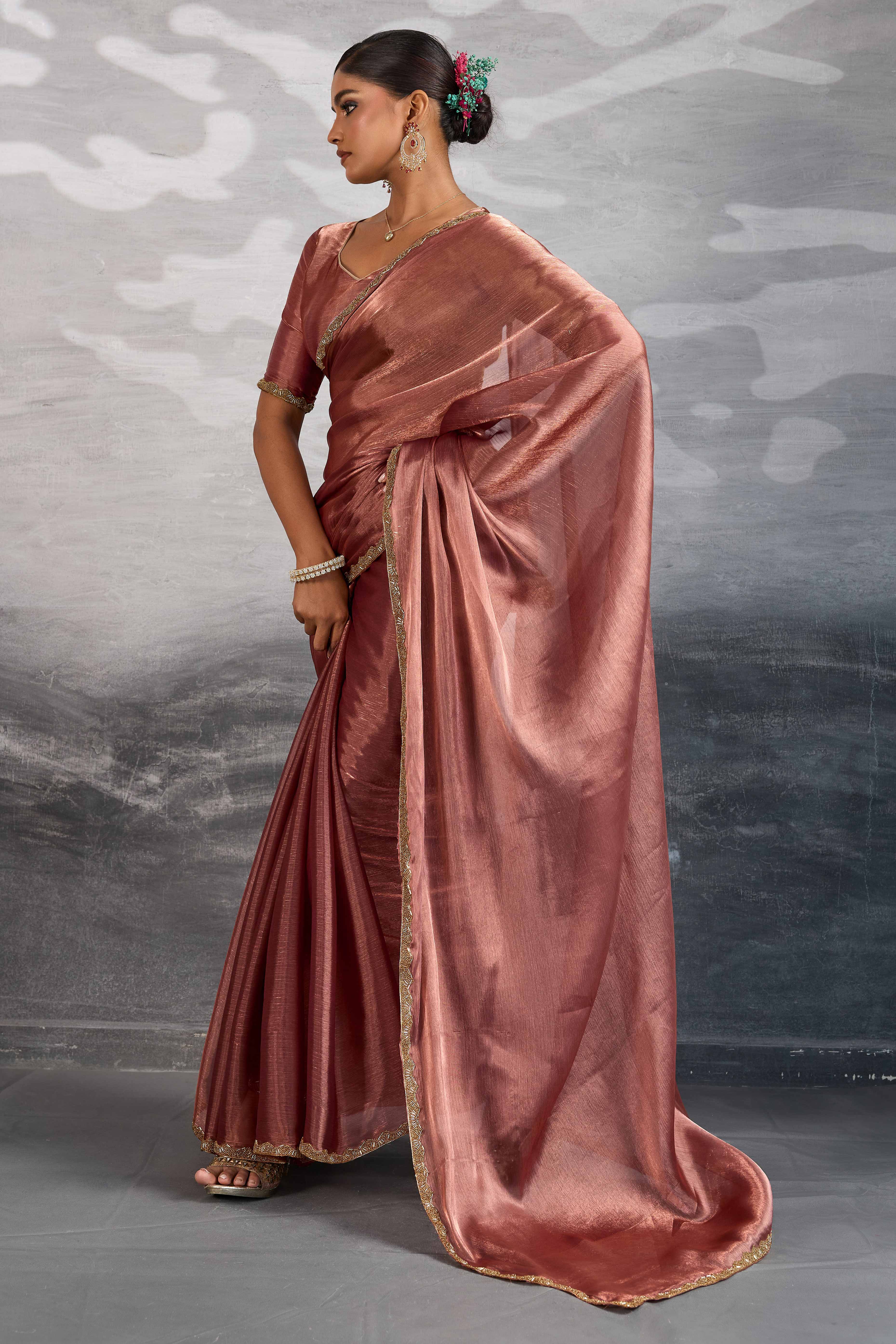 Solid Copper Red Chiffon Saree Featuring Beads Embellished Border