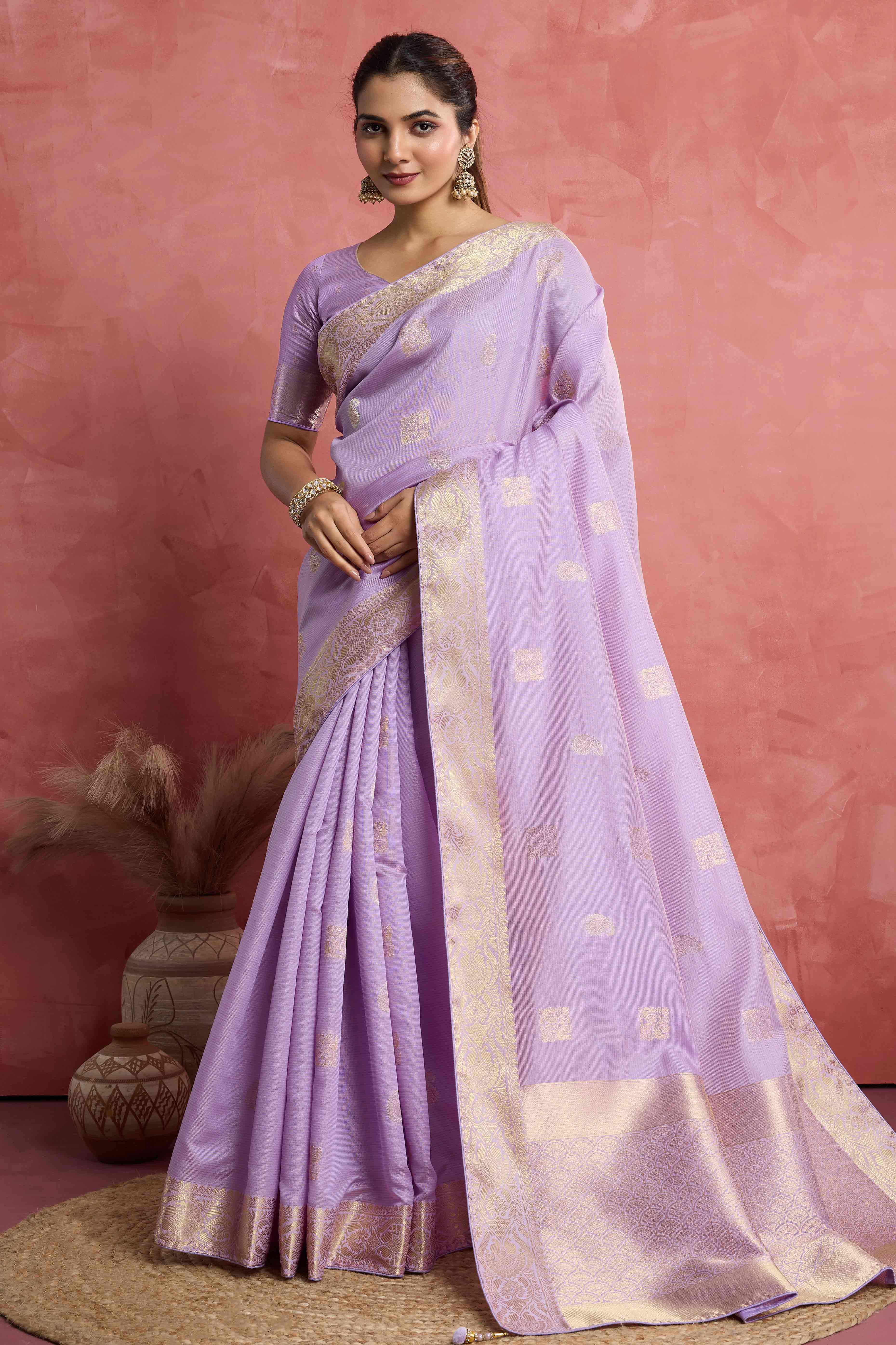 Contemporary Lavender Silk Blend Saree Flaunting Alternate Buttas With Piping & Tassel Accents