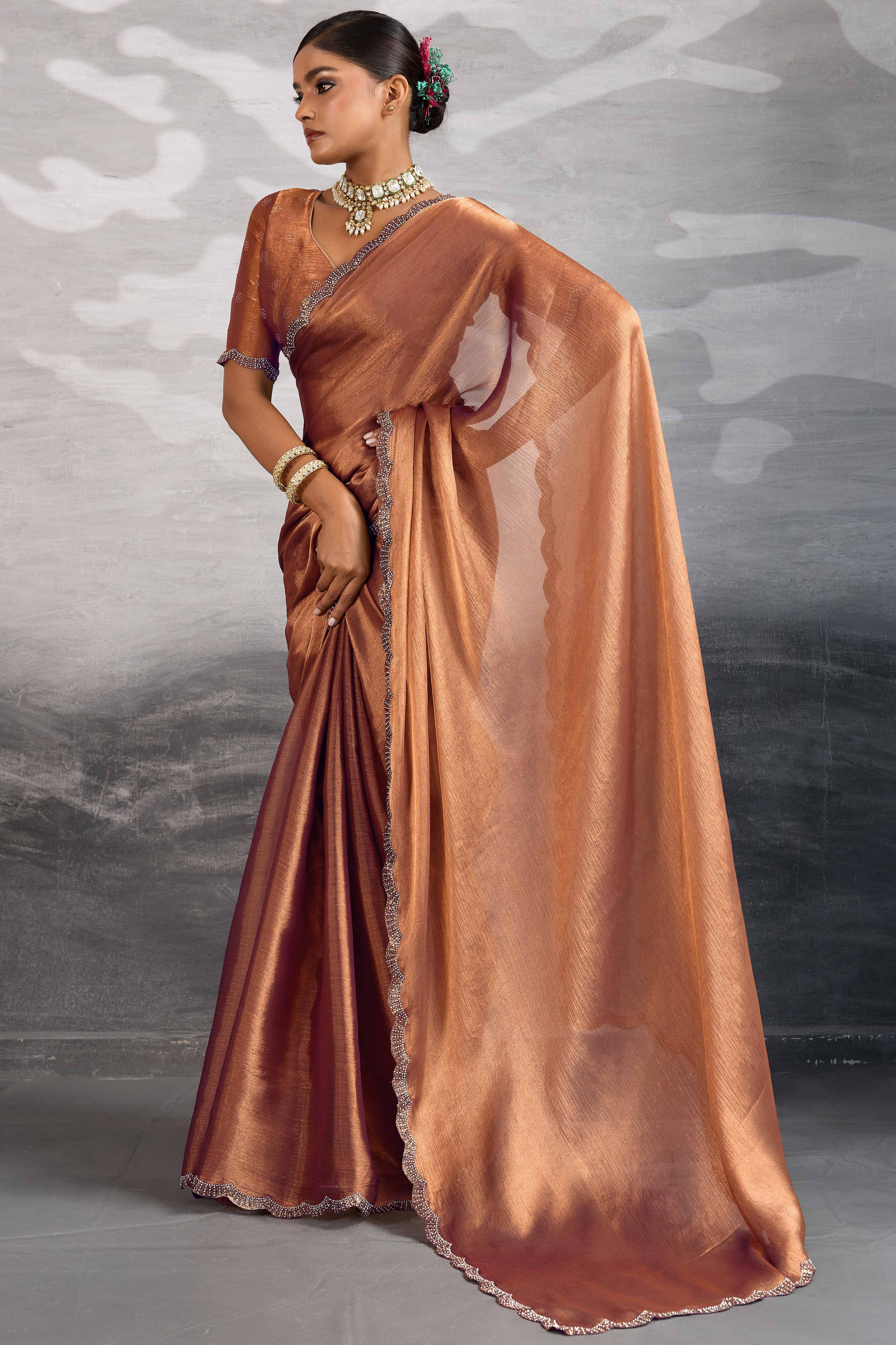 Rust Burberry Chiffon Saree Embellished With Zarkan & Cutdana Appliqué Lace Border