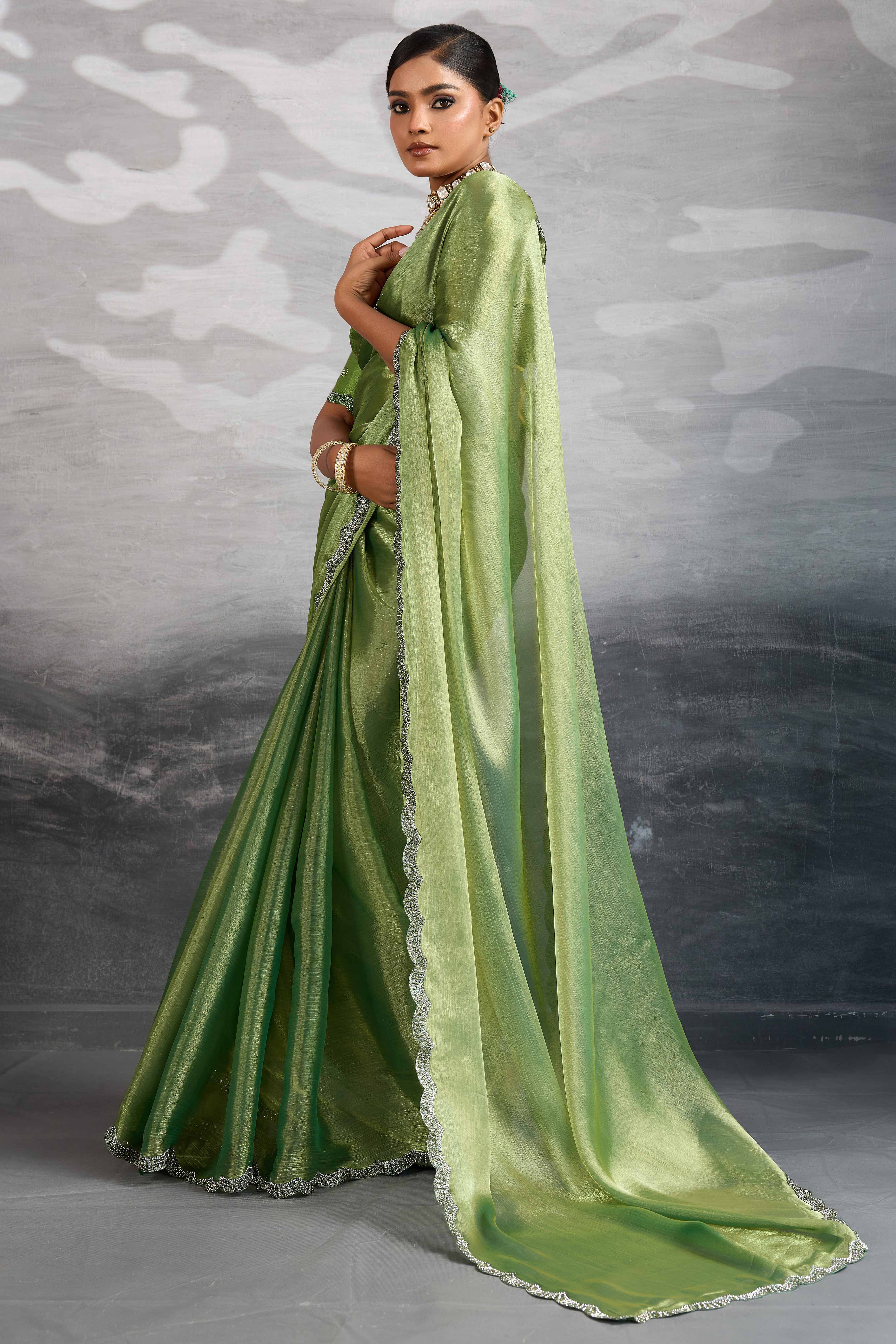 Green Burberry Chiffon Saree Embellished With Zarkan & Cutdana Appliqué Lace Border