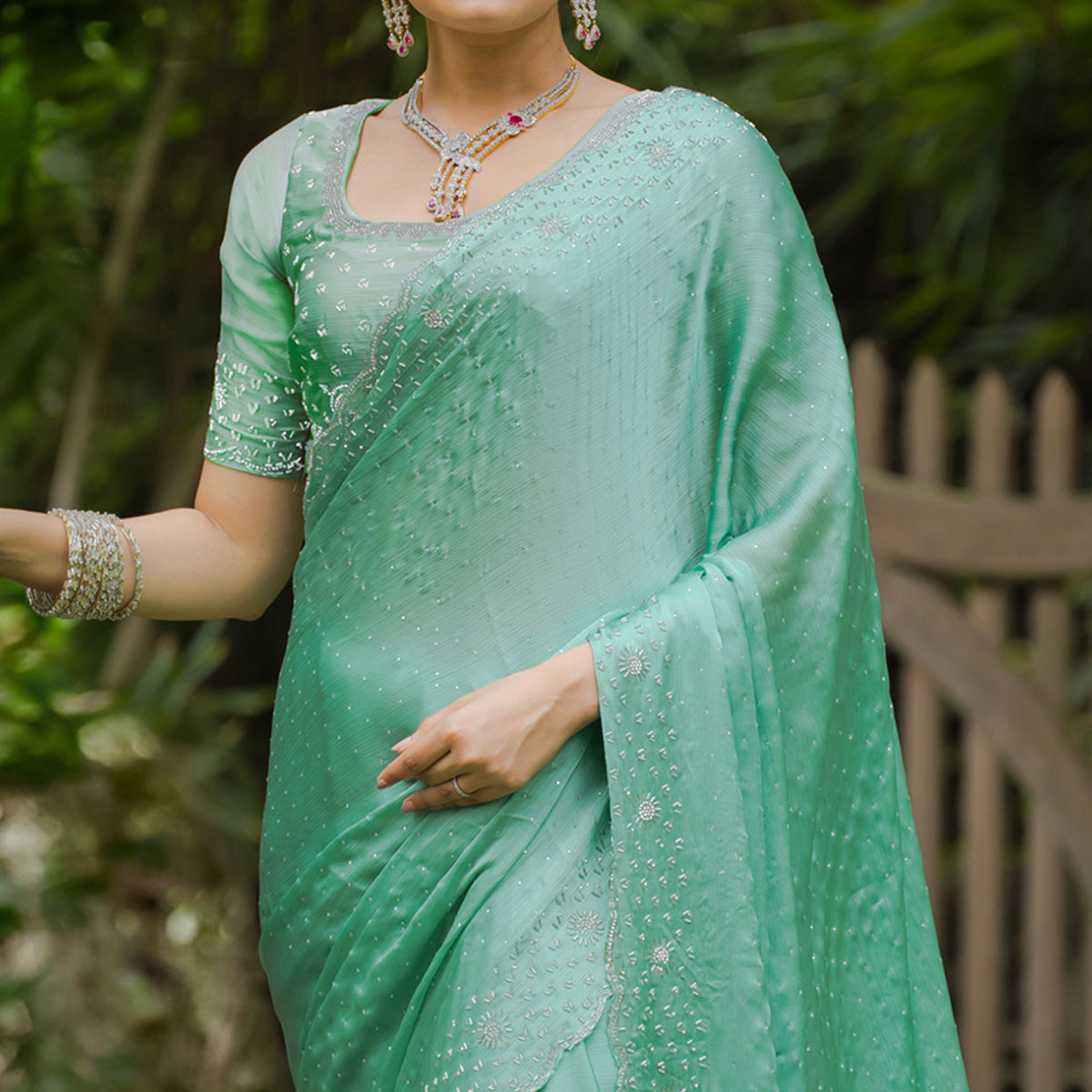 Rama Green Embellished Satin Saree With Stones Work