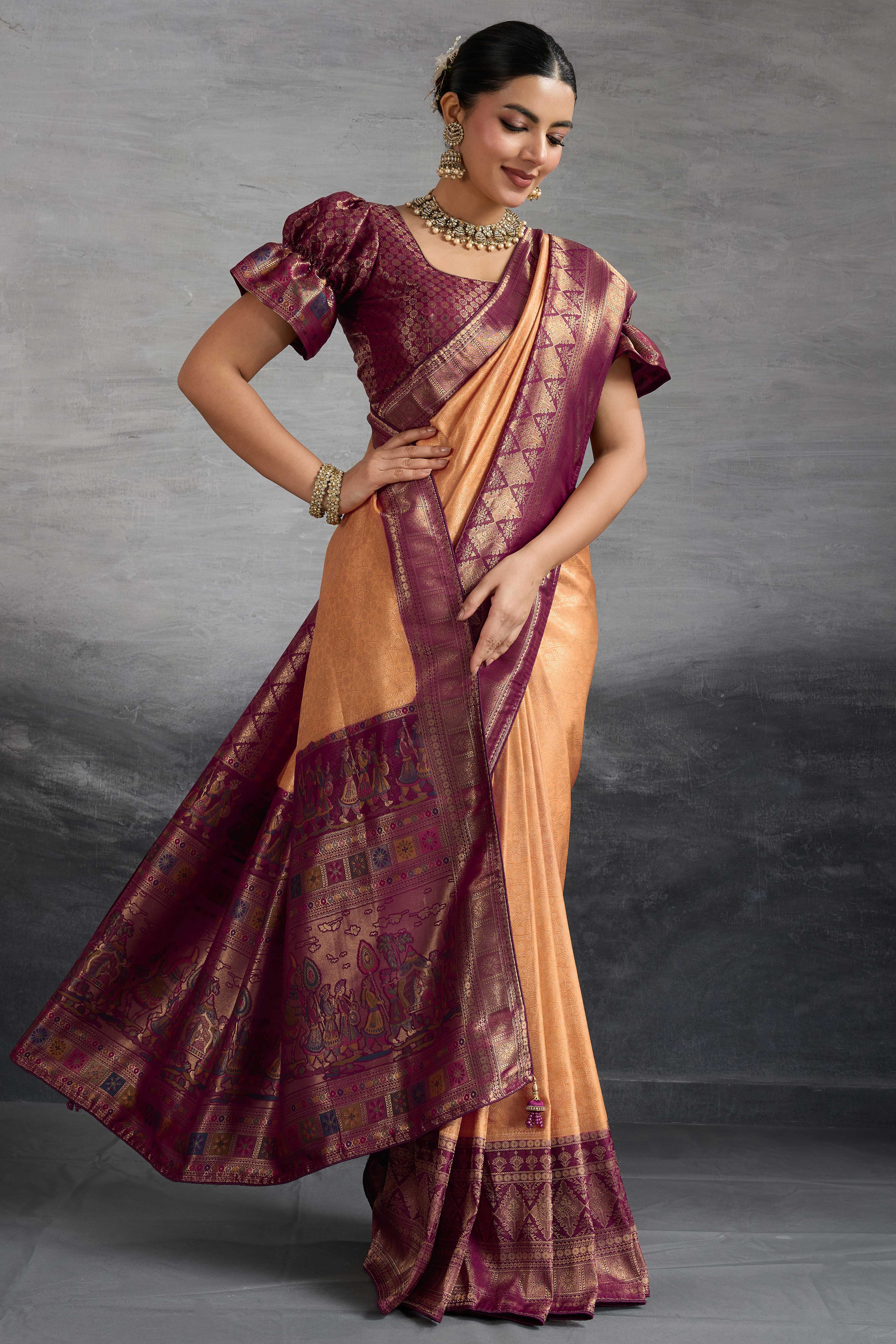 Peach Silk Kanjivaram Silk Saree Enhanced With Meenakari Weaving Borders