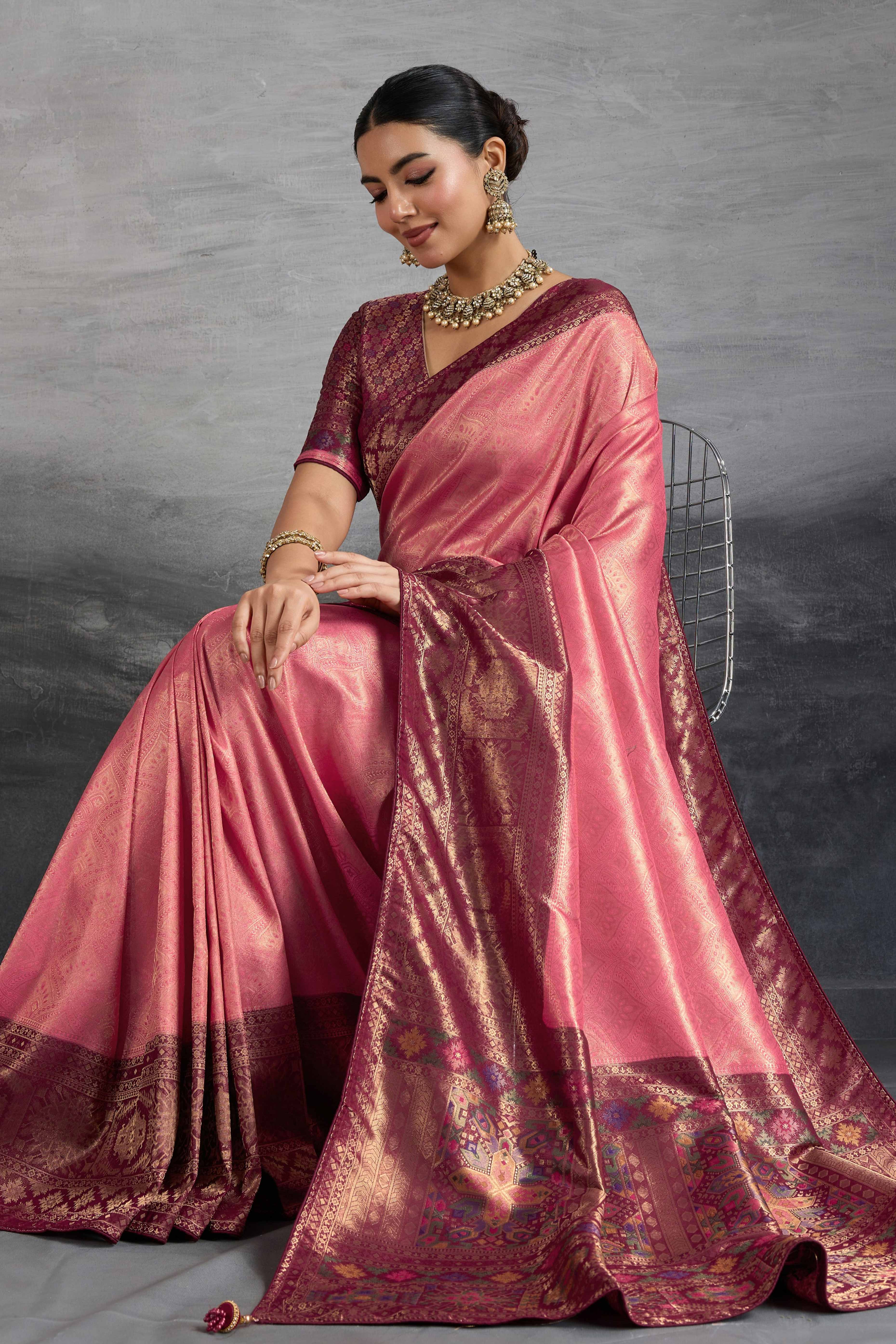 Traditional Peach Kanjivaram Soft Silk Saree with Bold Kadiyal Weave