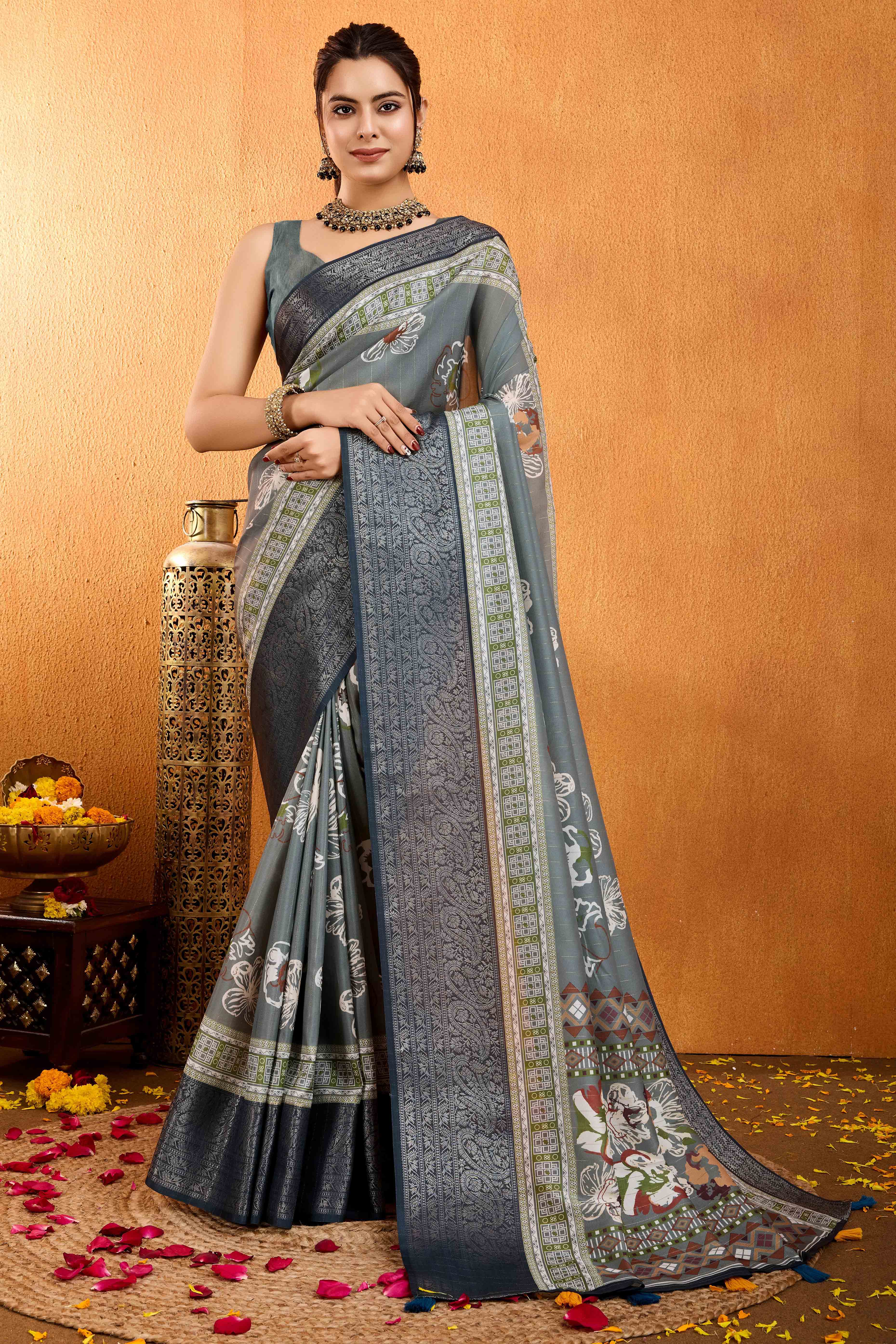 Grey Floral Printed Crepe Saree With Rich Zari Border