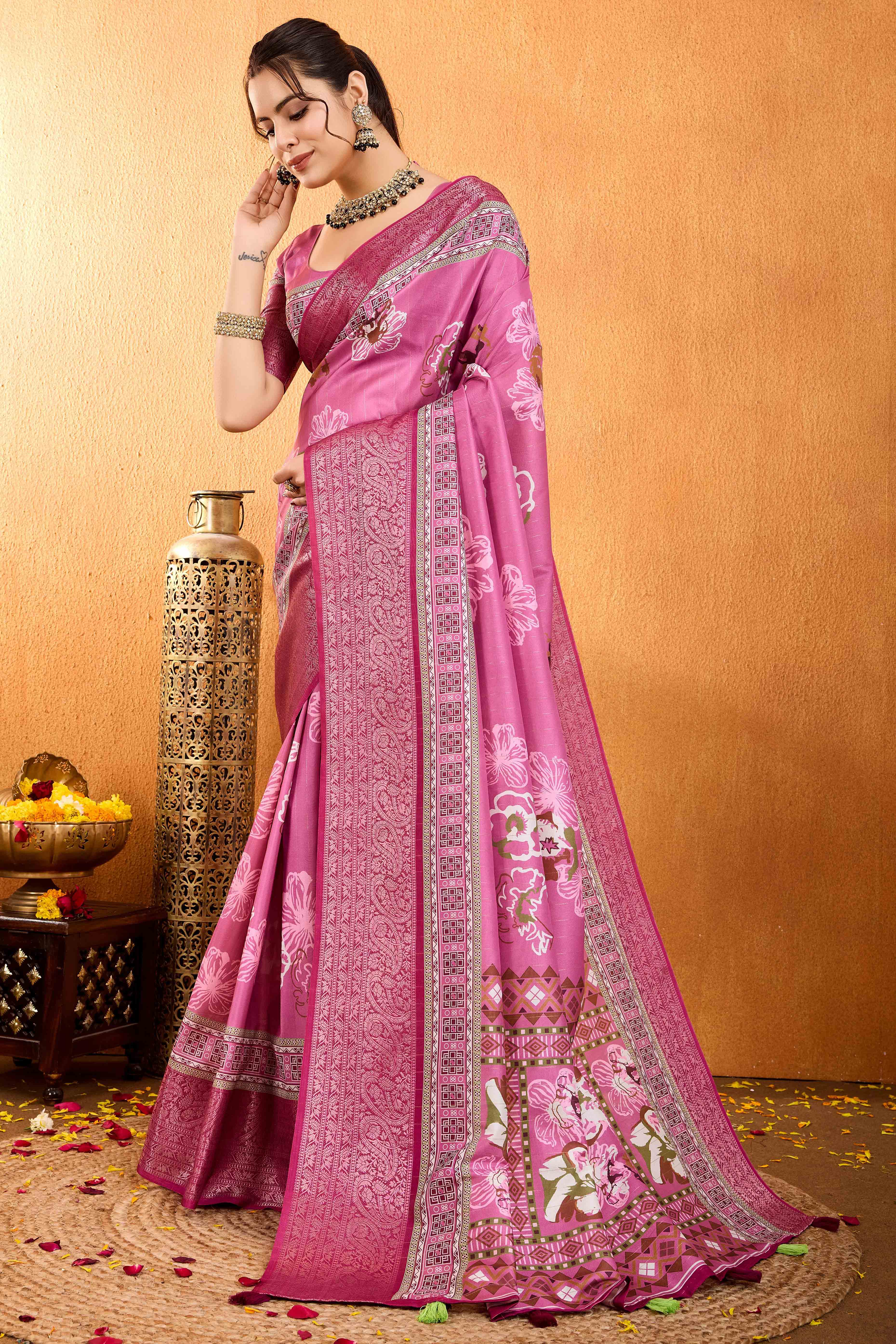 Pink Floral Printed Crepe Saree With Rich Zari Border
