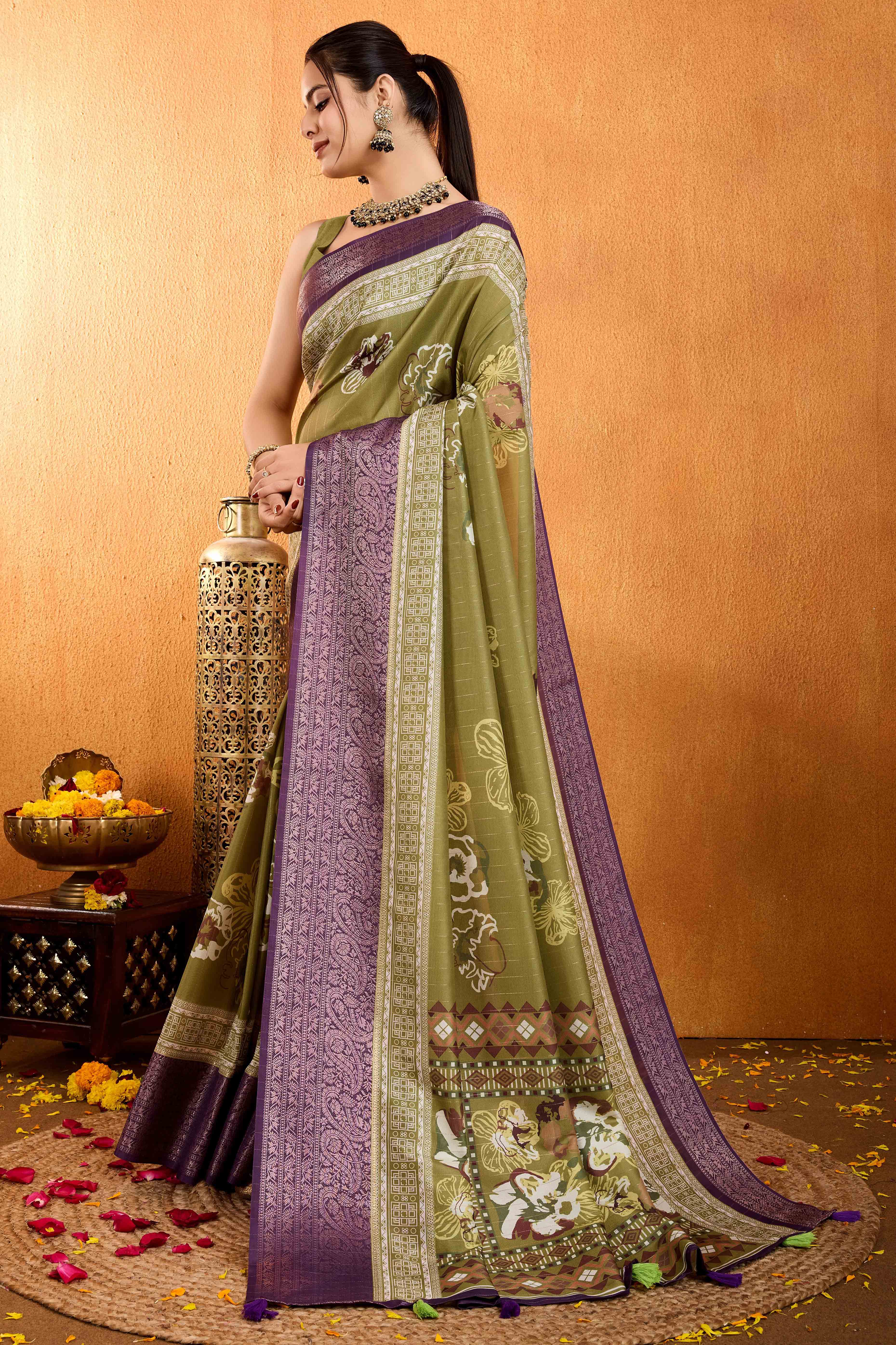 Green Floral Printed Crepe Saree With Rich Zari Border