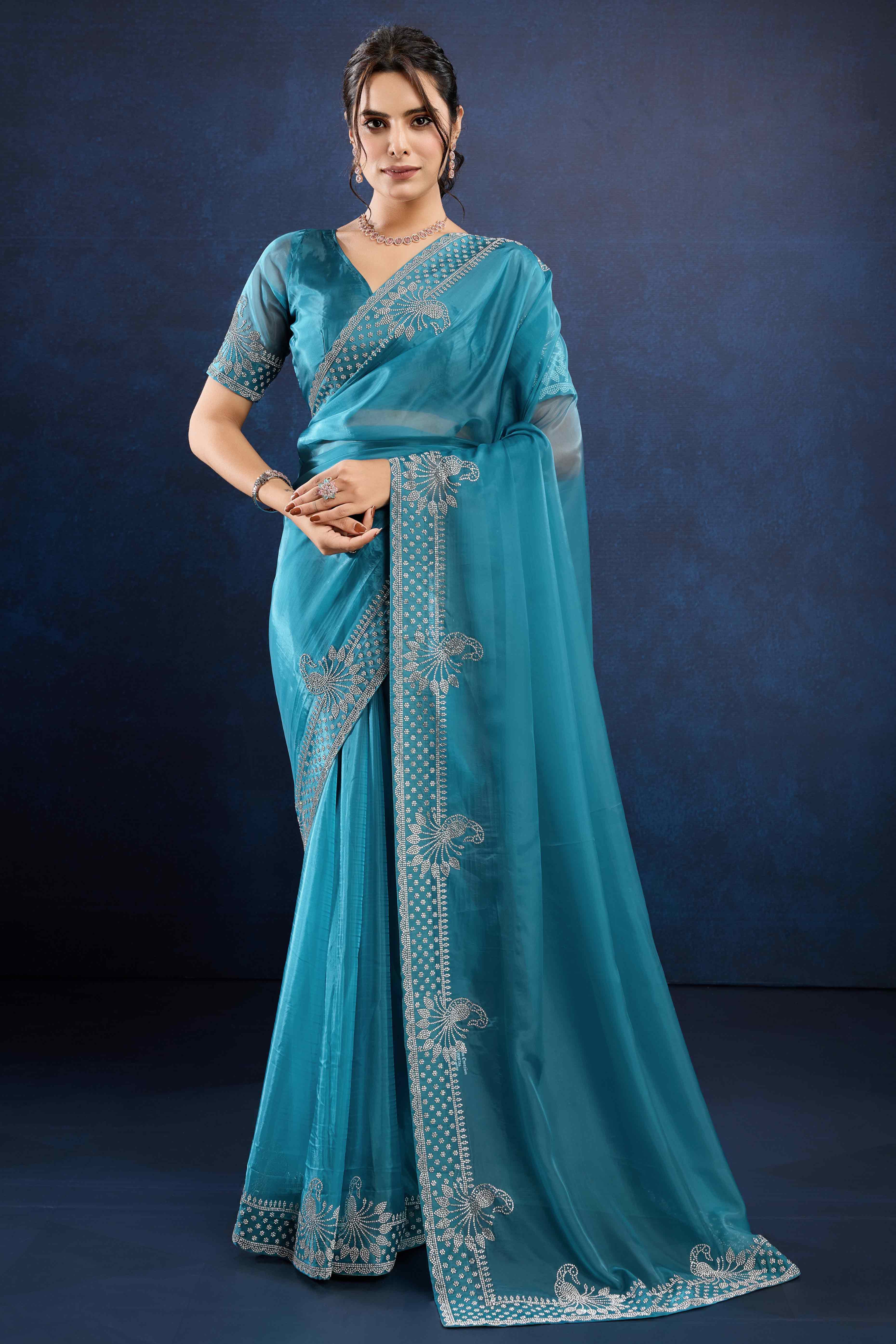 Blue Zarkan Diamond Work Tissue Silk Saree