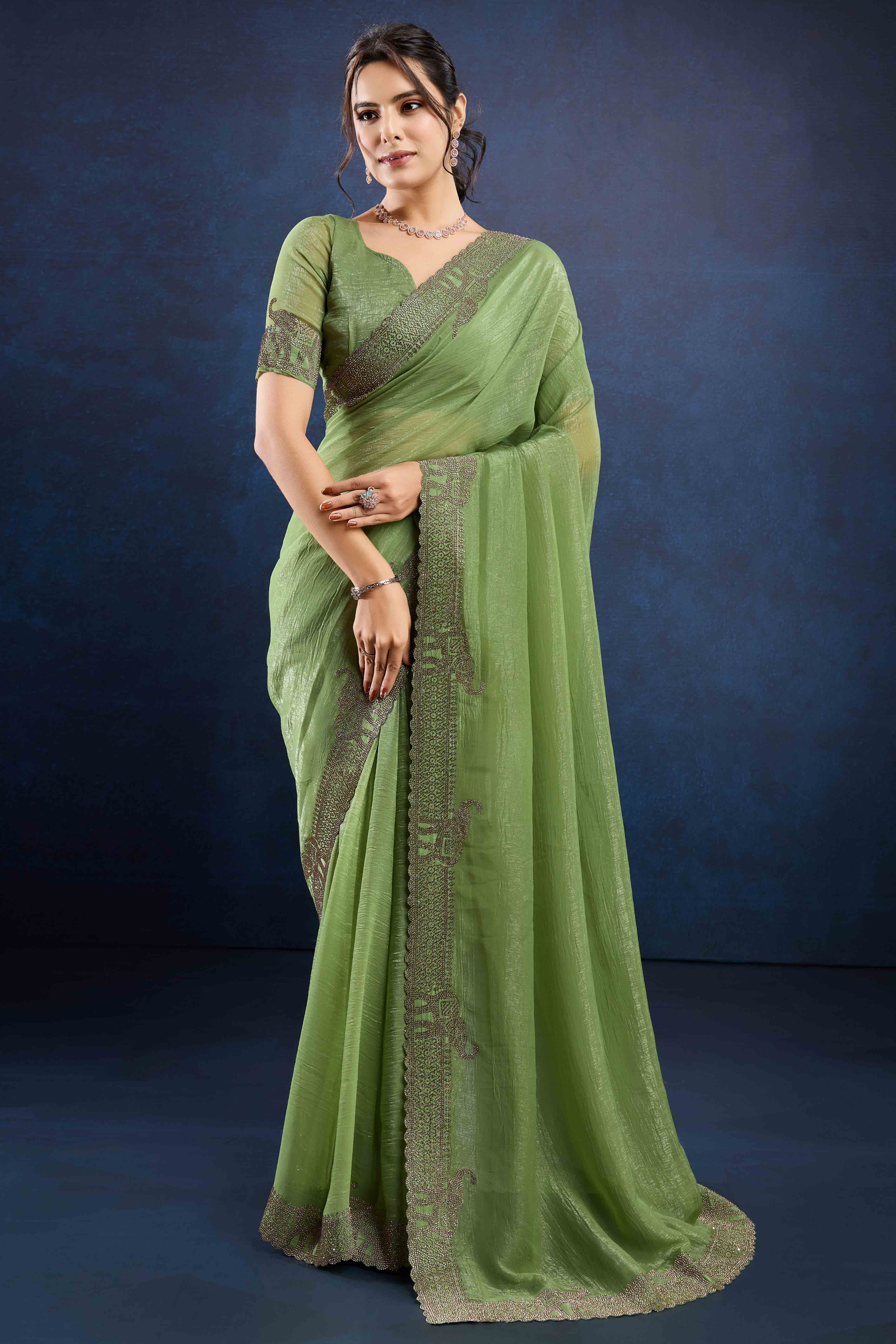 Green Zarkan Diamond Work Crunchy Silk Fancy Fabric Saree