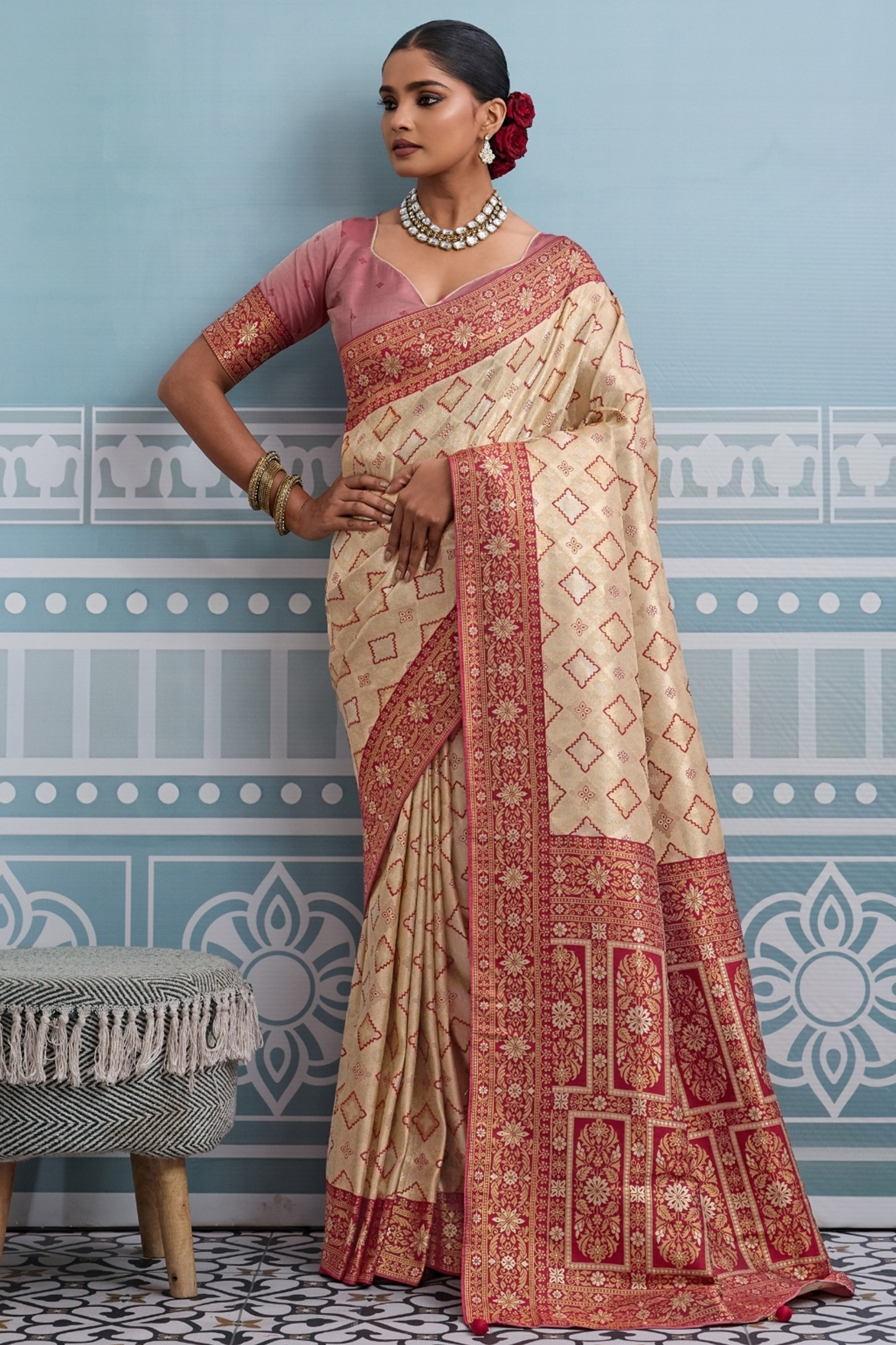 Cream Soft Kanjivaram Silk Saree with Classic Zari Weaving for Elegant Styling