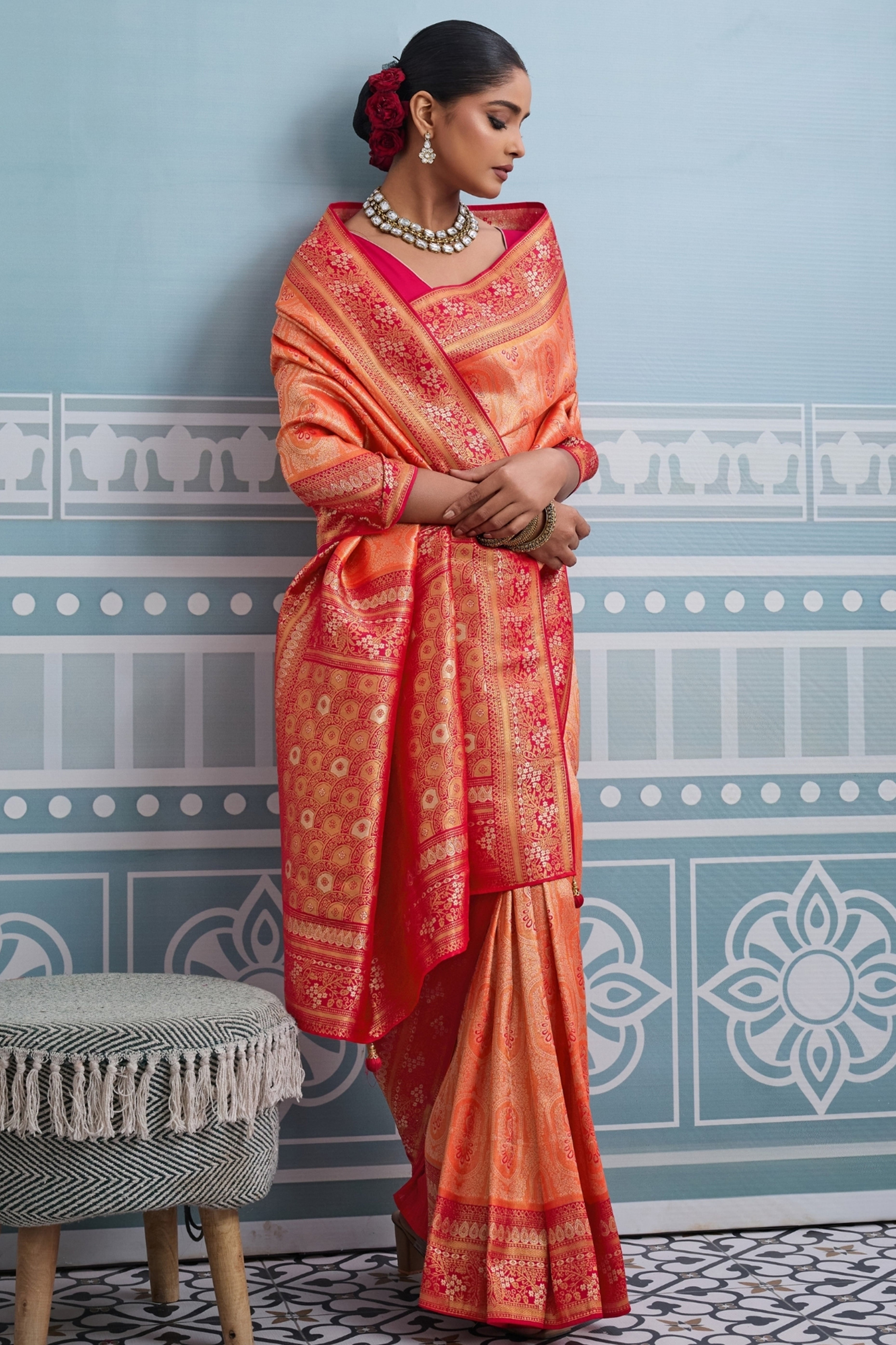 Orange Kanjivaram Silk Saree Accented with Traditional Zari Work