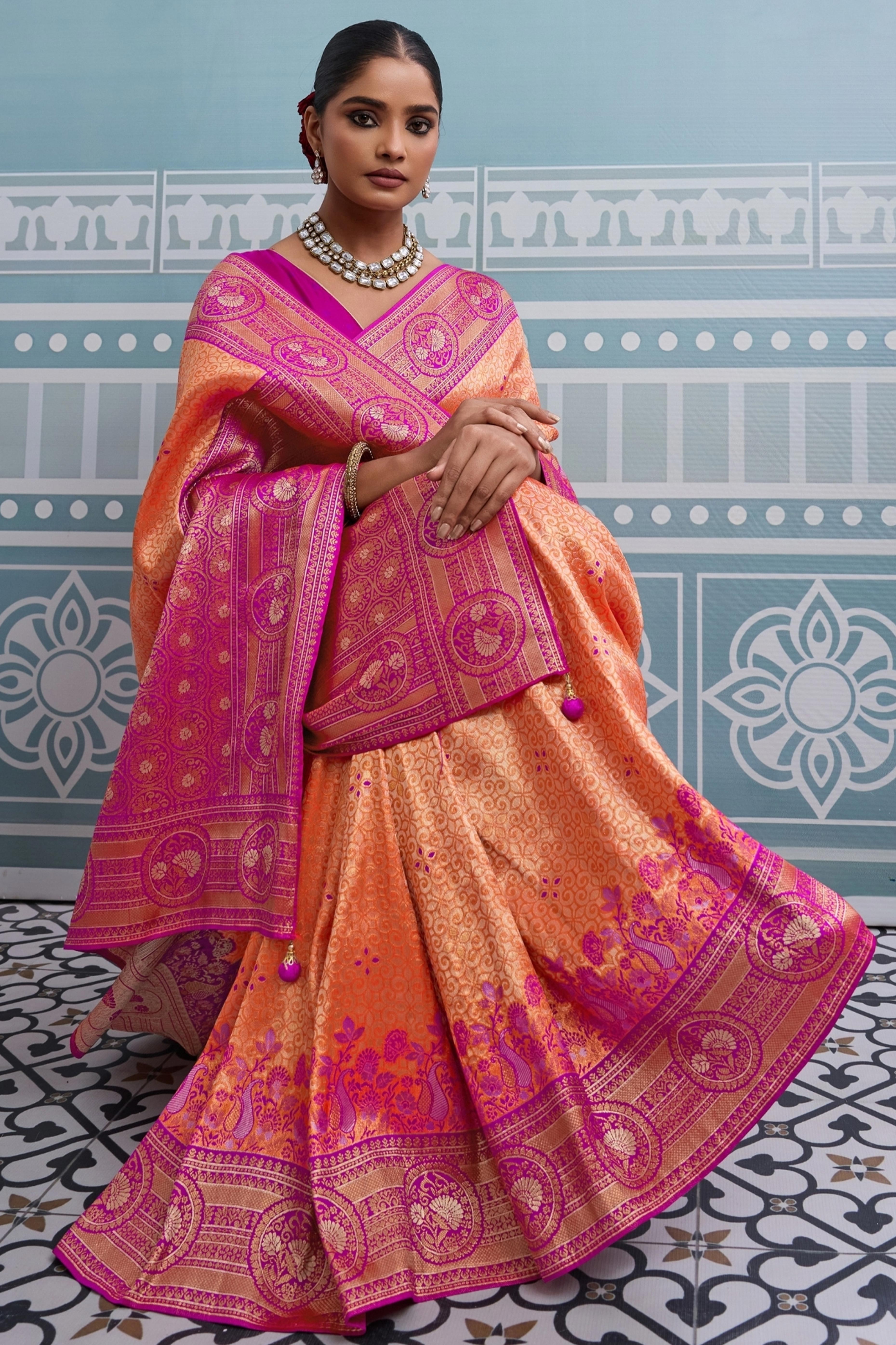 Orange Zari Woven Soft Kanjivaram Silk Saree for Traditional and Special Occasions