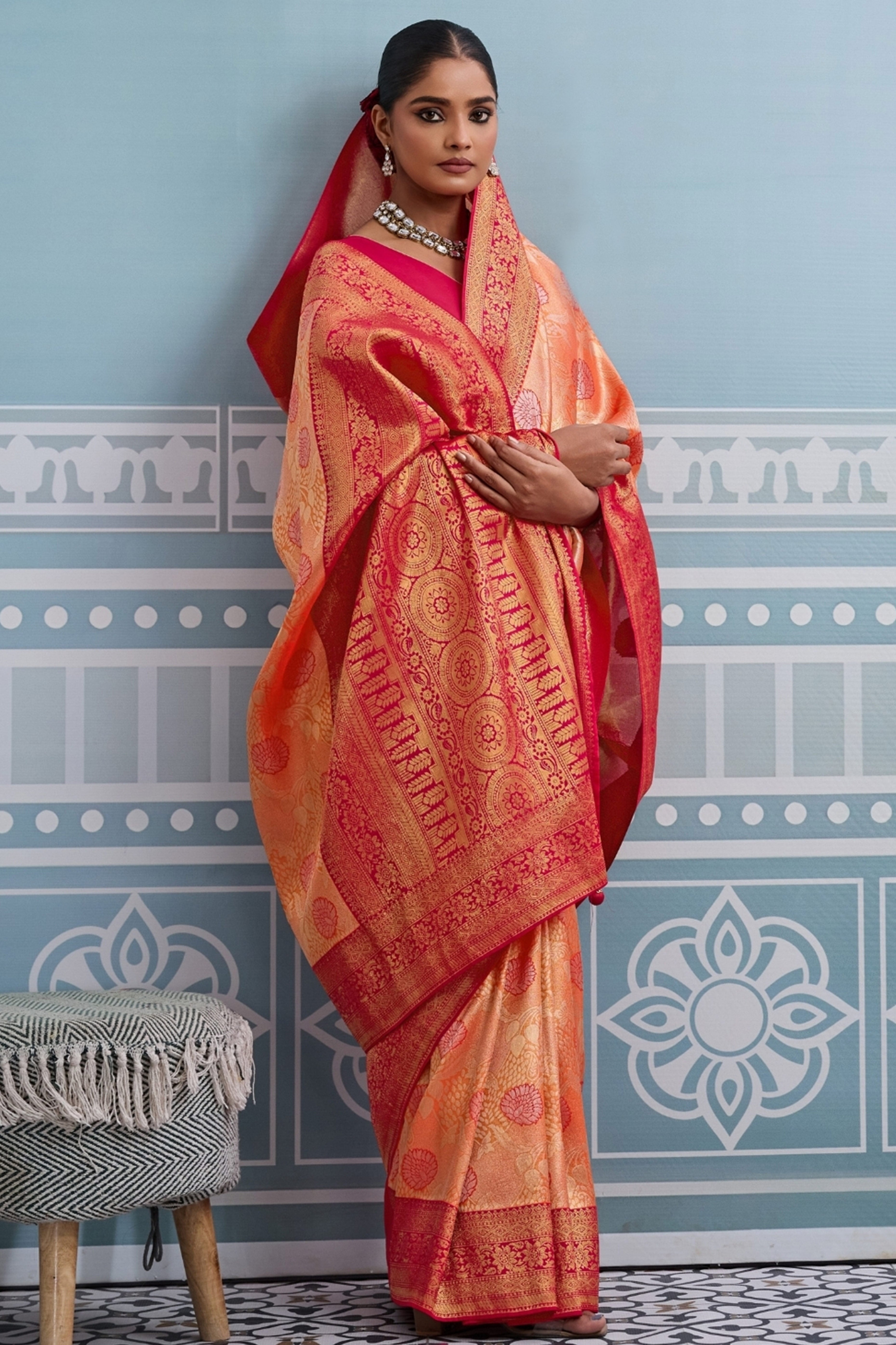 Orange Soft Kanjivaram Silk Saree with Exquisite Zari Weaving