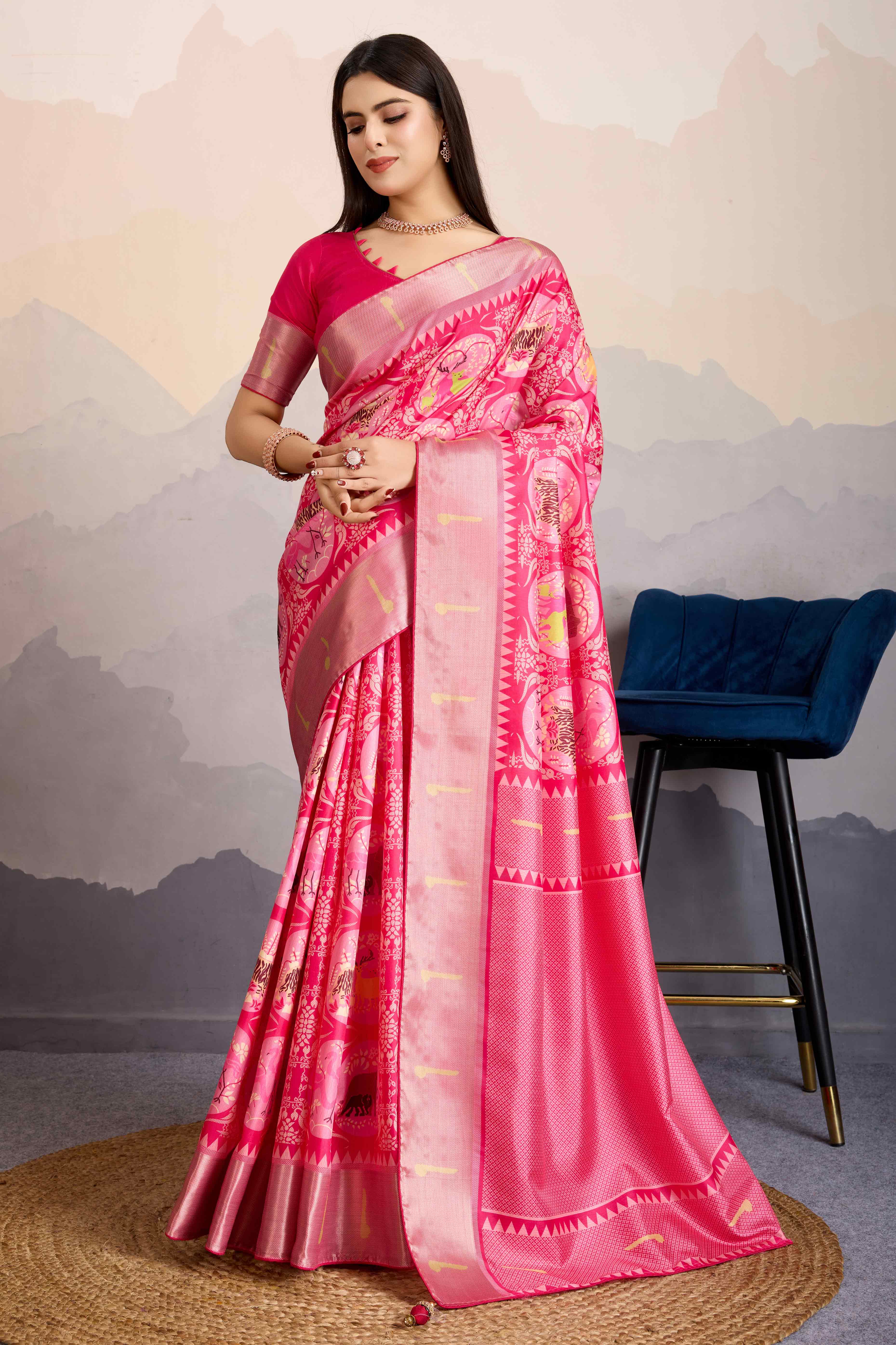 Pink Digital Printed Dola Silk Saree With Exquisite Weaving Zari Border & Opulent Pallu