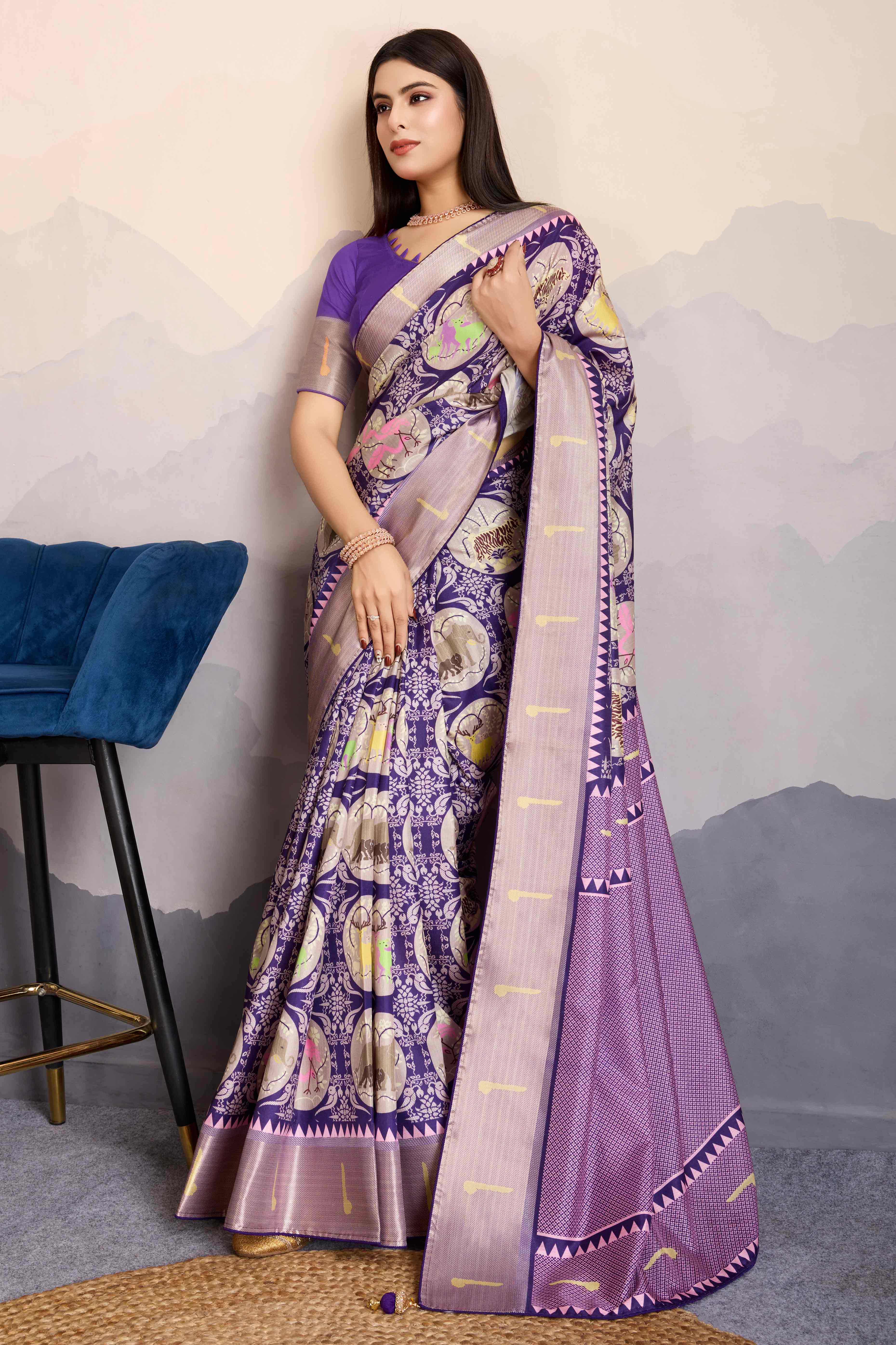 Purple Digital Printed Dola Silk Saree With Exquisite Weaving Zari Border & Opulent Pallu