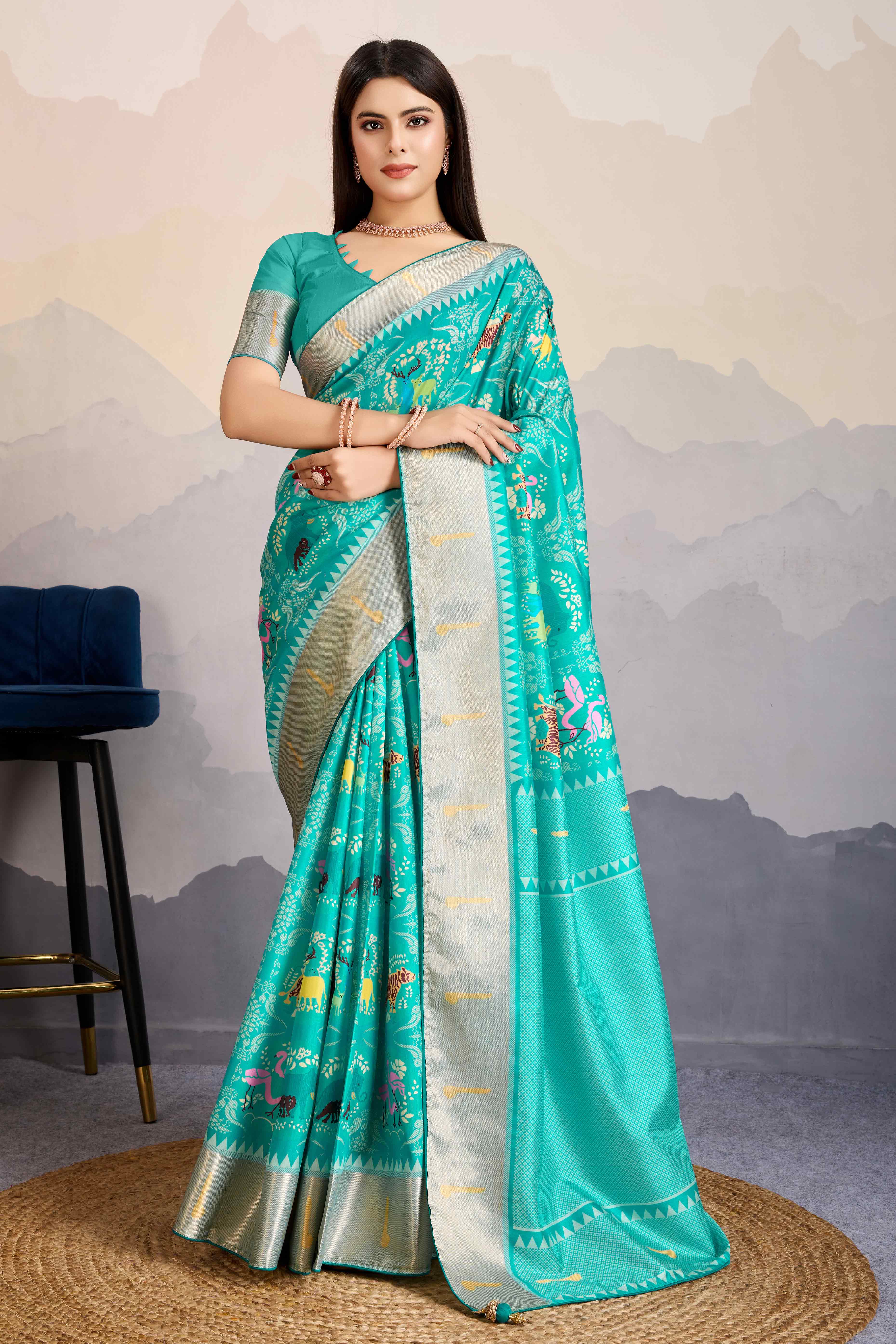 Turquoise Digital Printed Dola Silk Saree With Exquisite Weaving Zari Border & Opulent Pallu