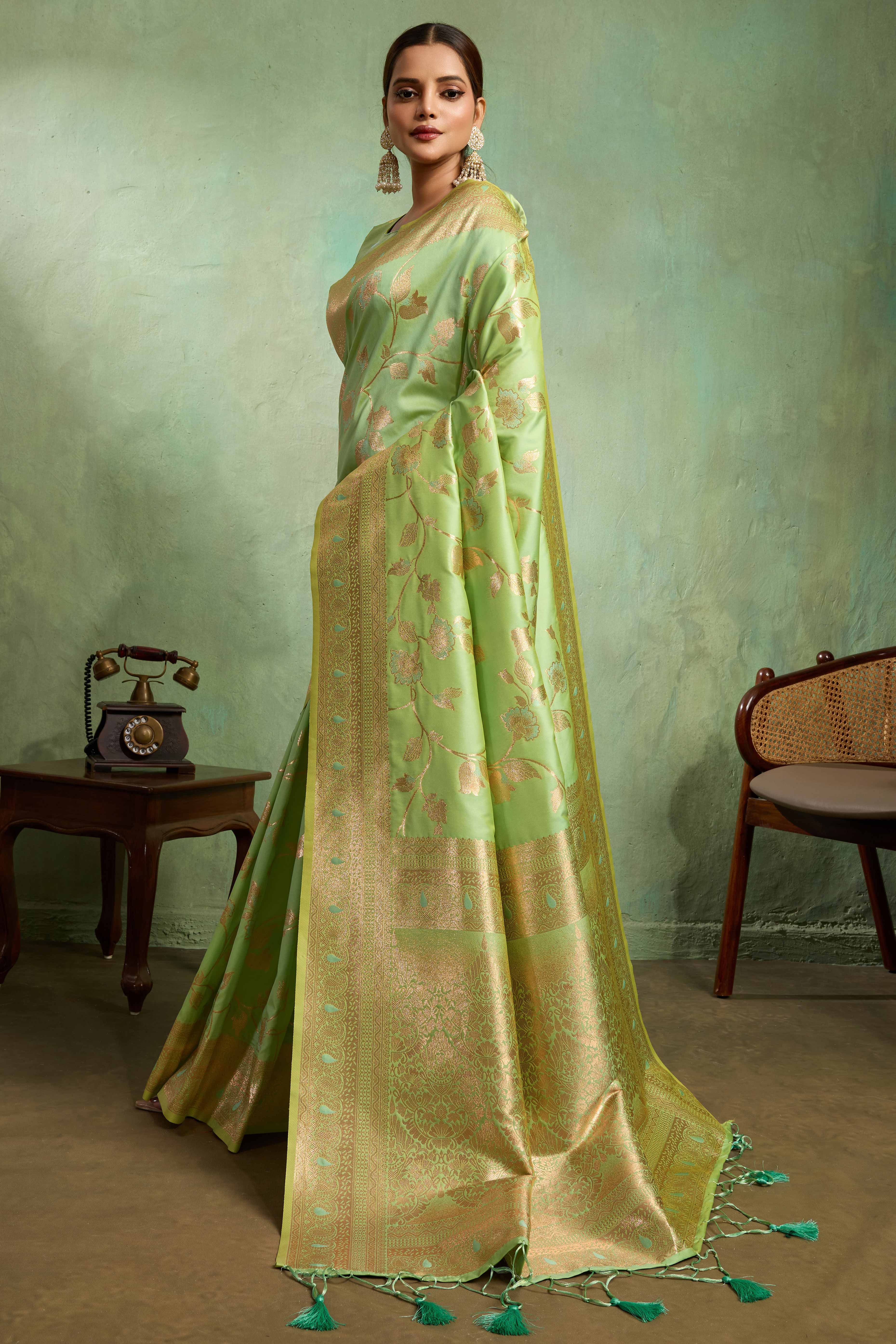 Pista Green Dual Tone Banarasi Silk Saree Accented with Meenakari Weaves