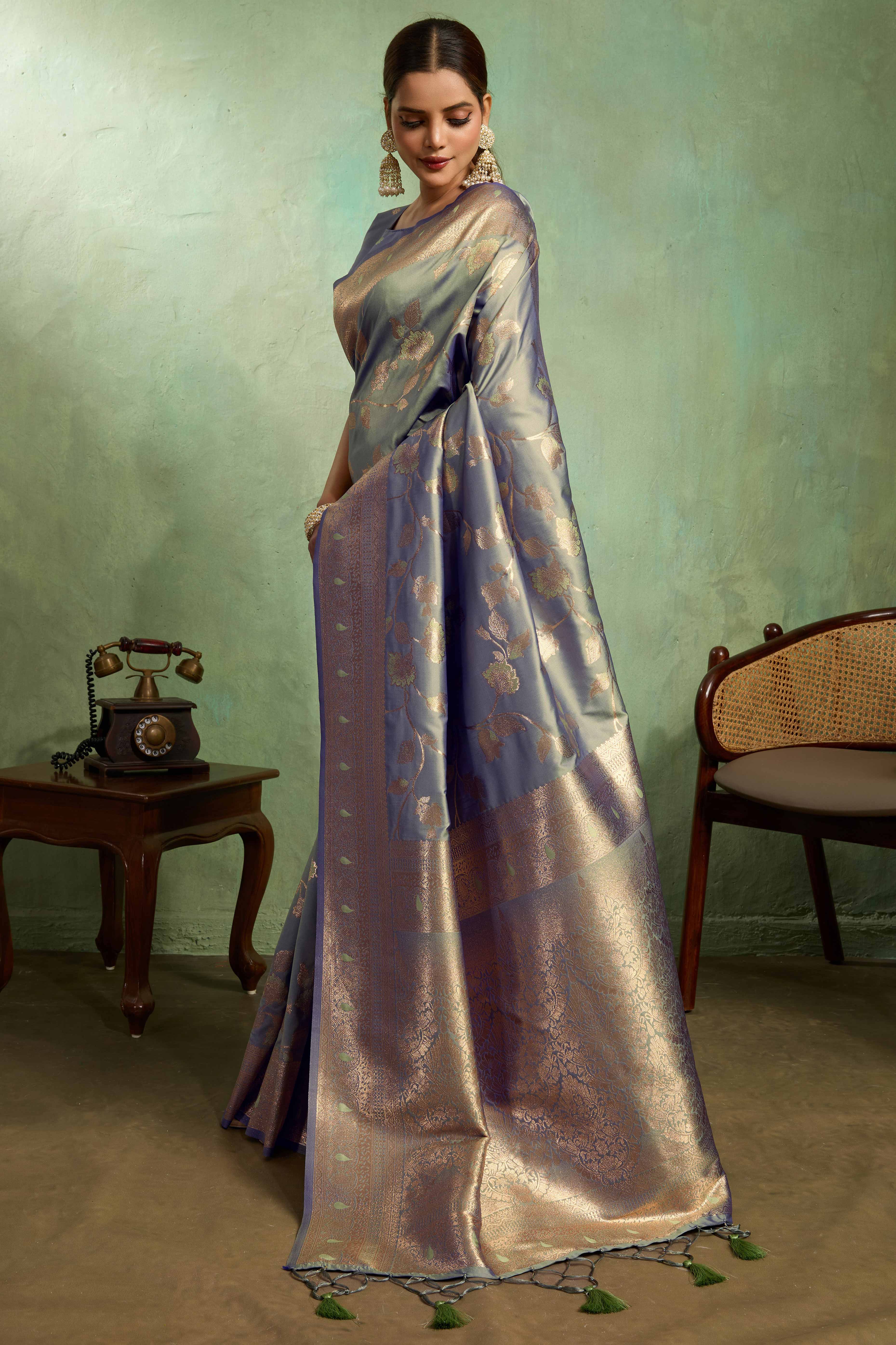 Blue Dual Tone Banarasi Silk Saree Accented with Meenakari Weaves