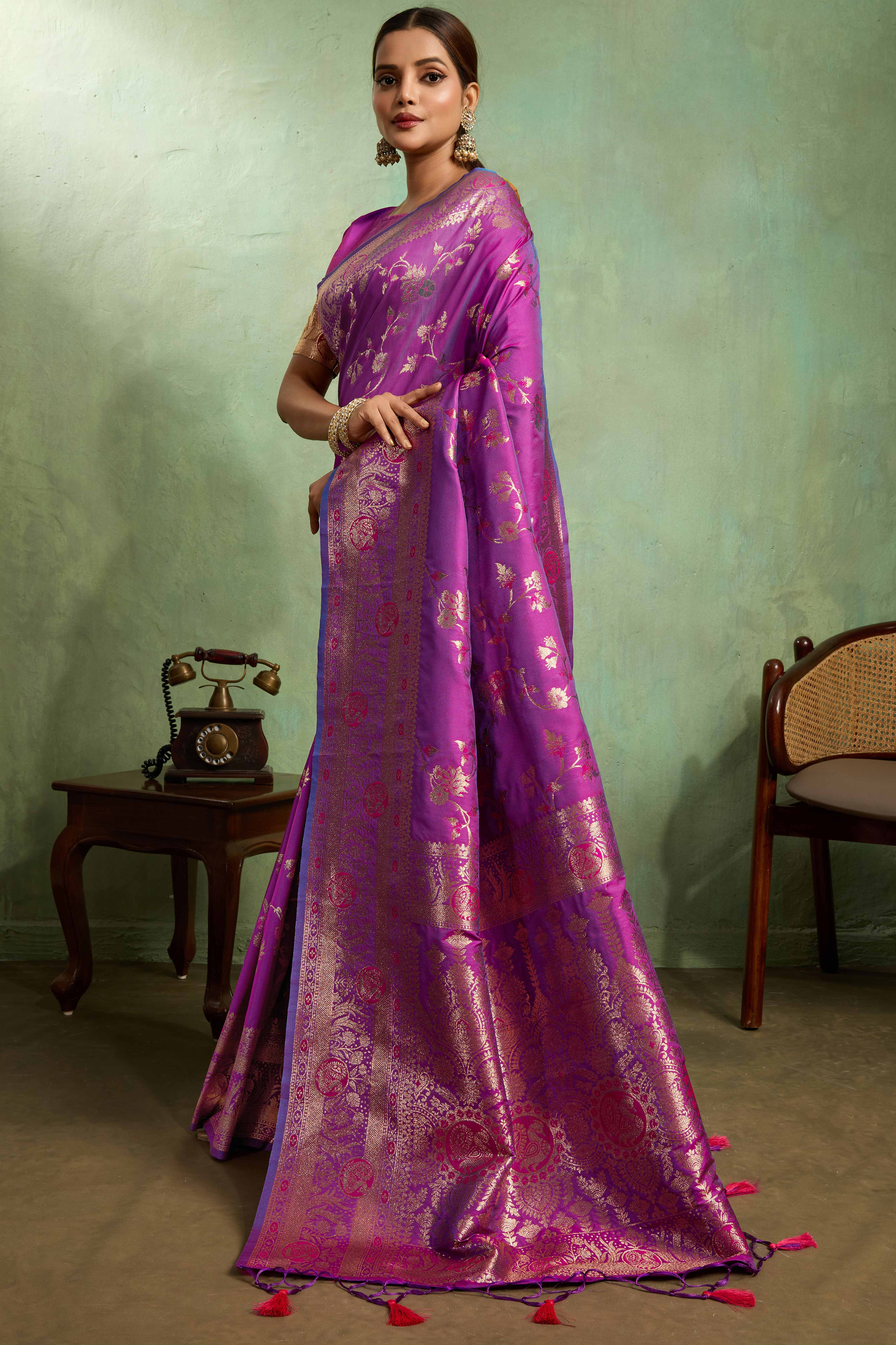 Purple Dual Tone Banarasi Silk Saree Accented with Meenakari Weaves