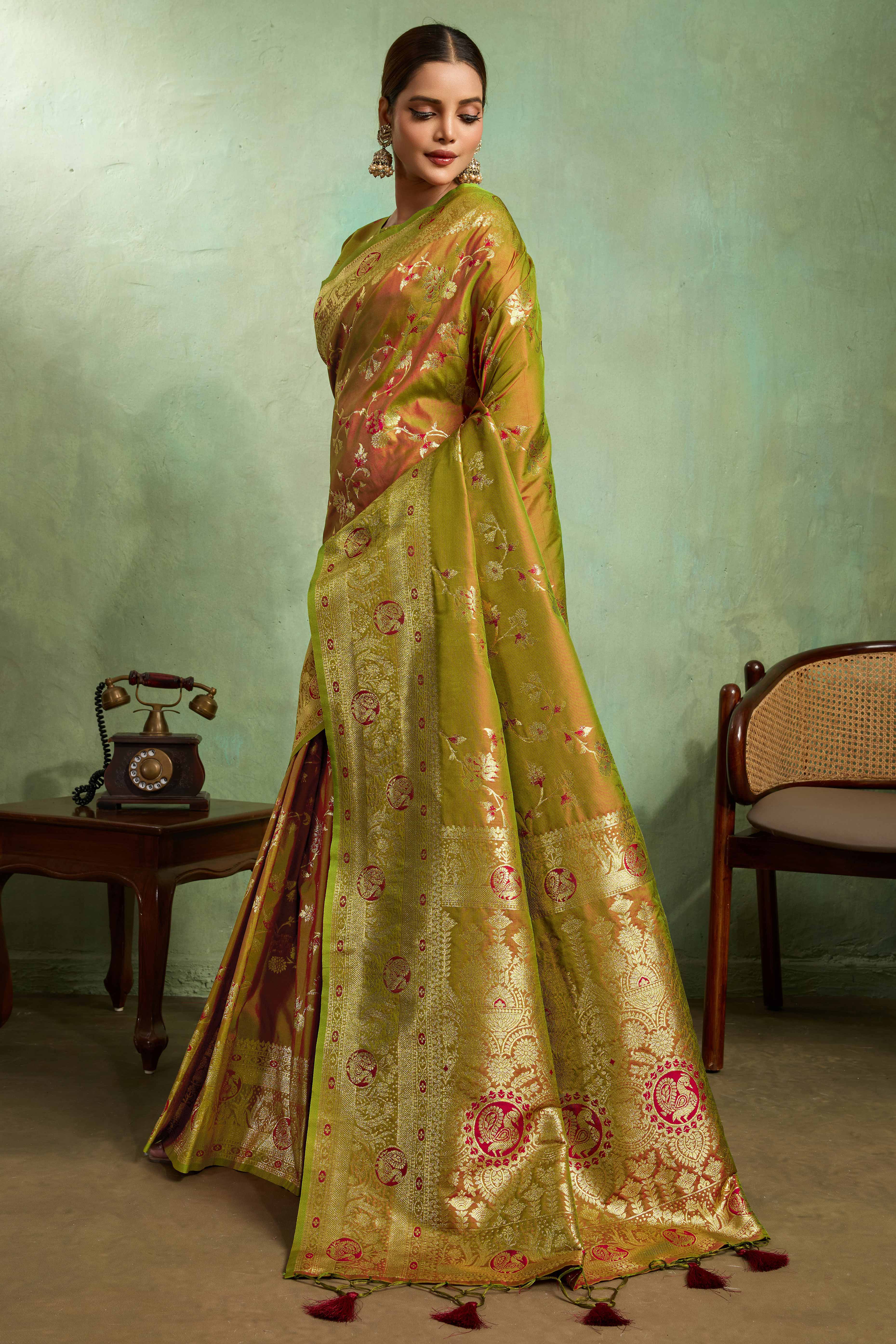 Olive Dual Tone Banarasi Silk Saree Accented with Meenakari Weaves