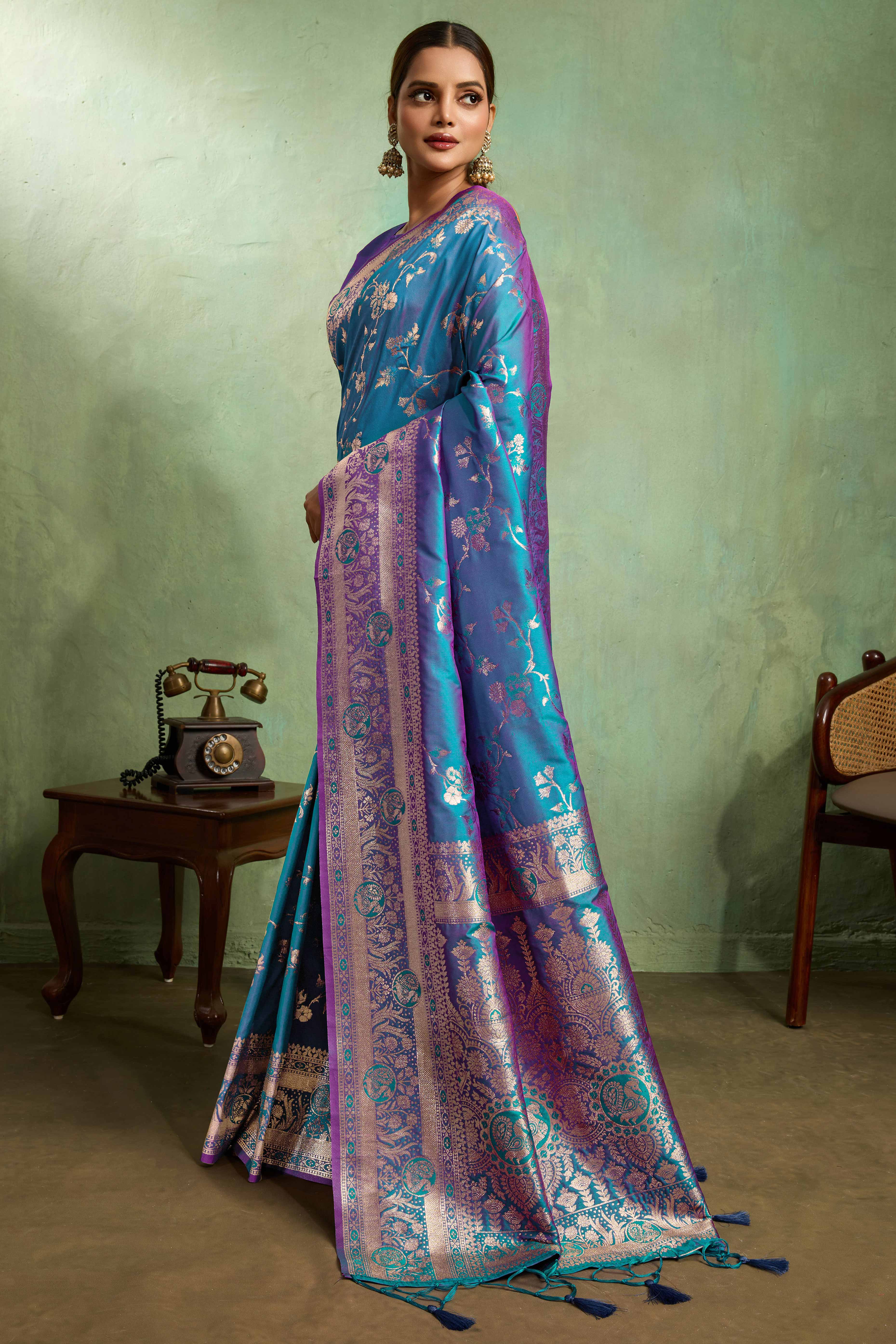 Teal Dual Tone Banarasi Silk Saree Accented with Meenakari Weaves