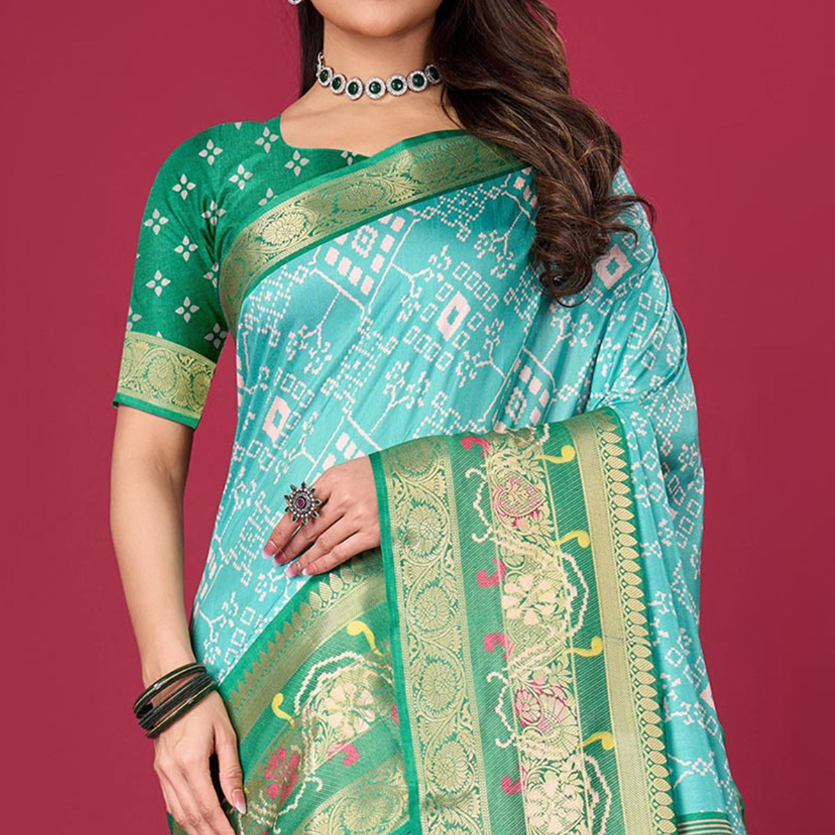 Turquoise & green Digital Patola Printed With Woven Border Dola Silk Saree