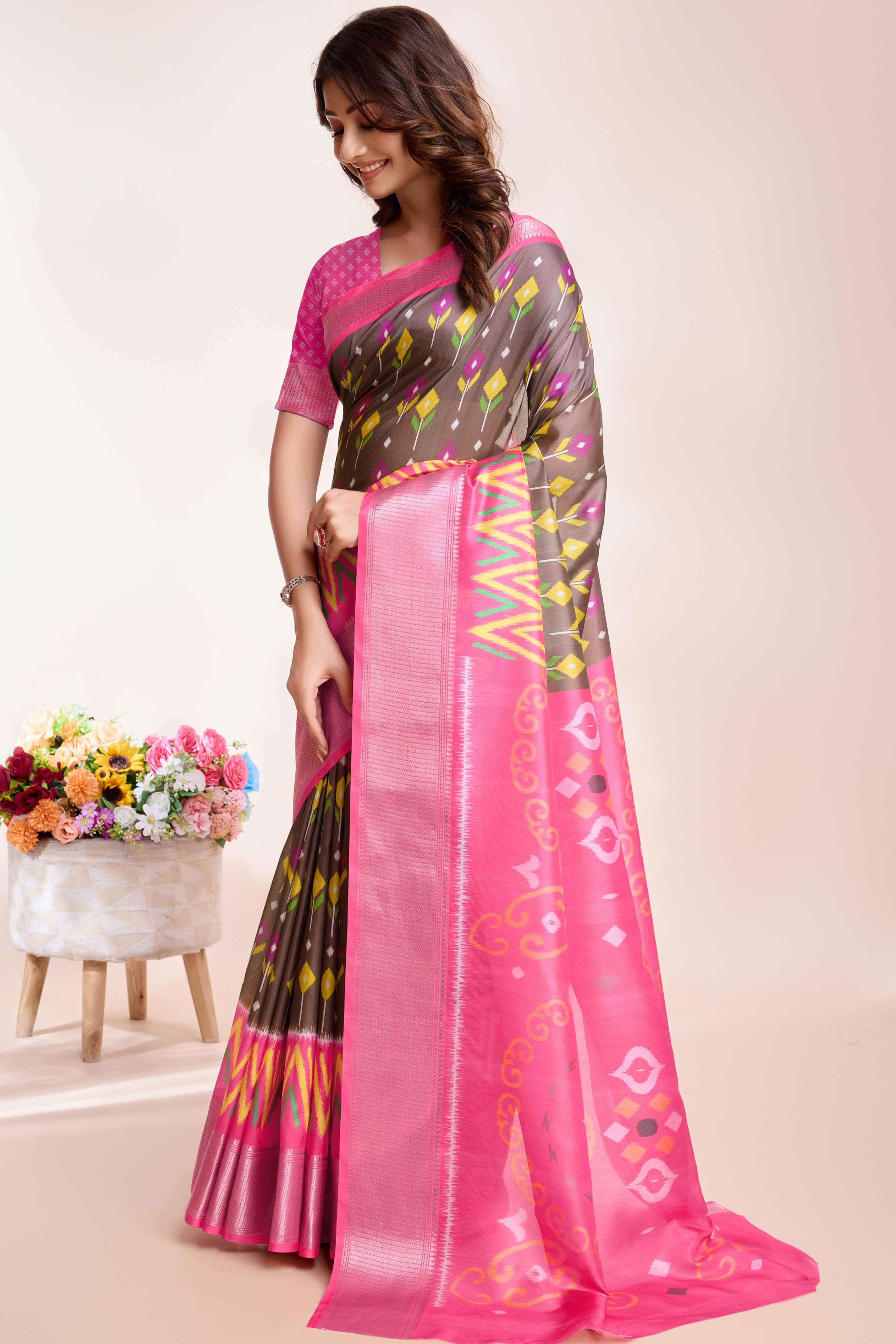 Brown Patola Printed Dola Silk Saree