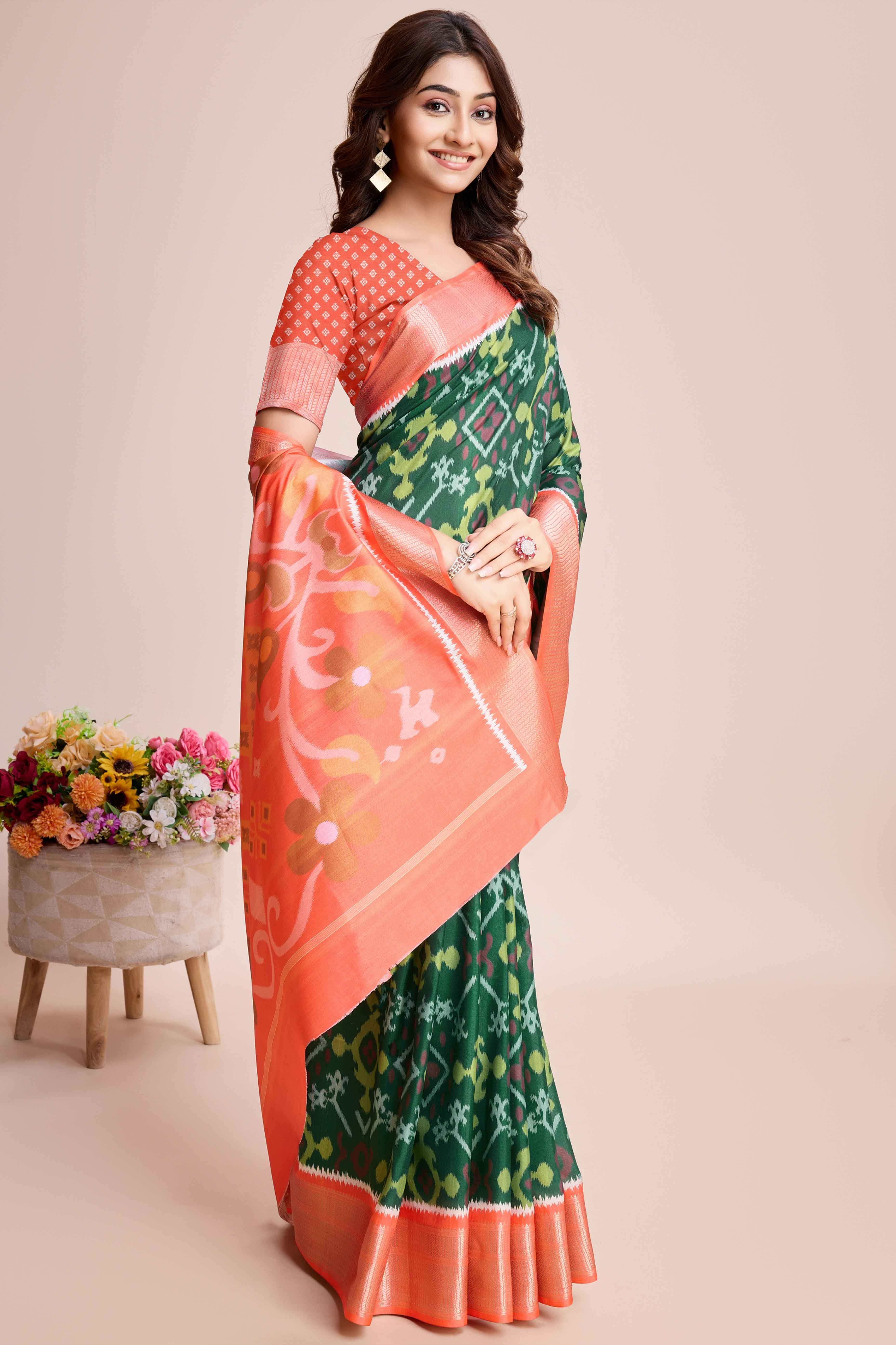Green Patola Printed Dola Silk Saree