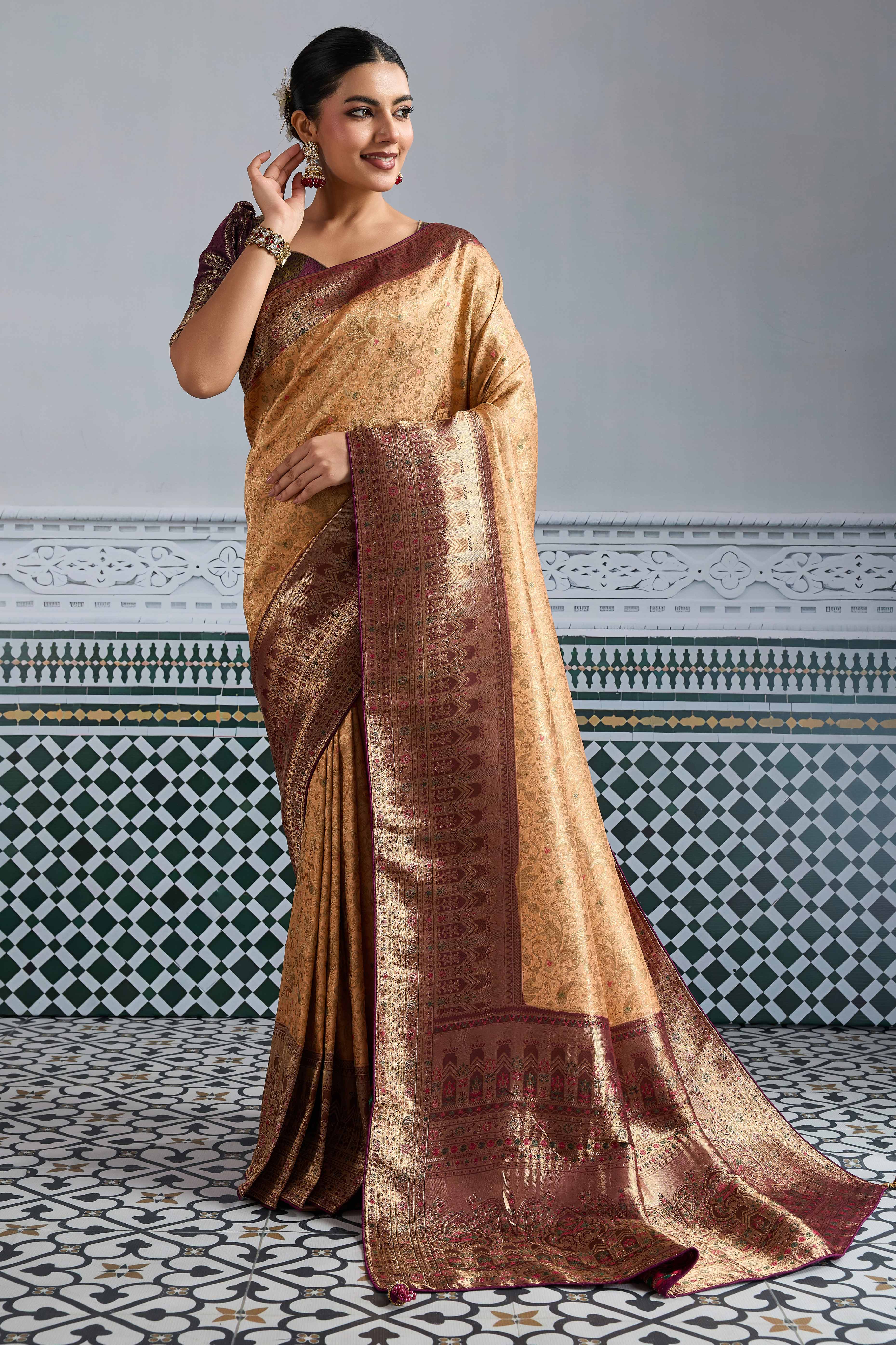 Peach Floral Meenakari Weaving Kanjivaram Silk Saree With Rich Piping & Tassel Pallu