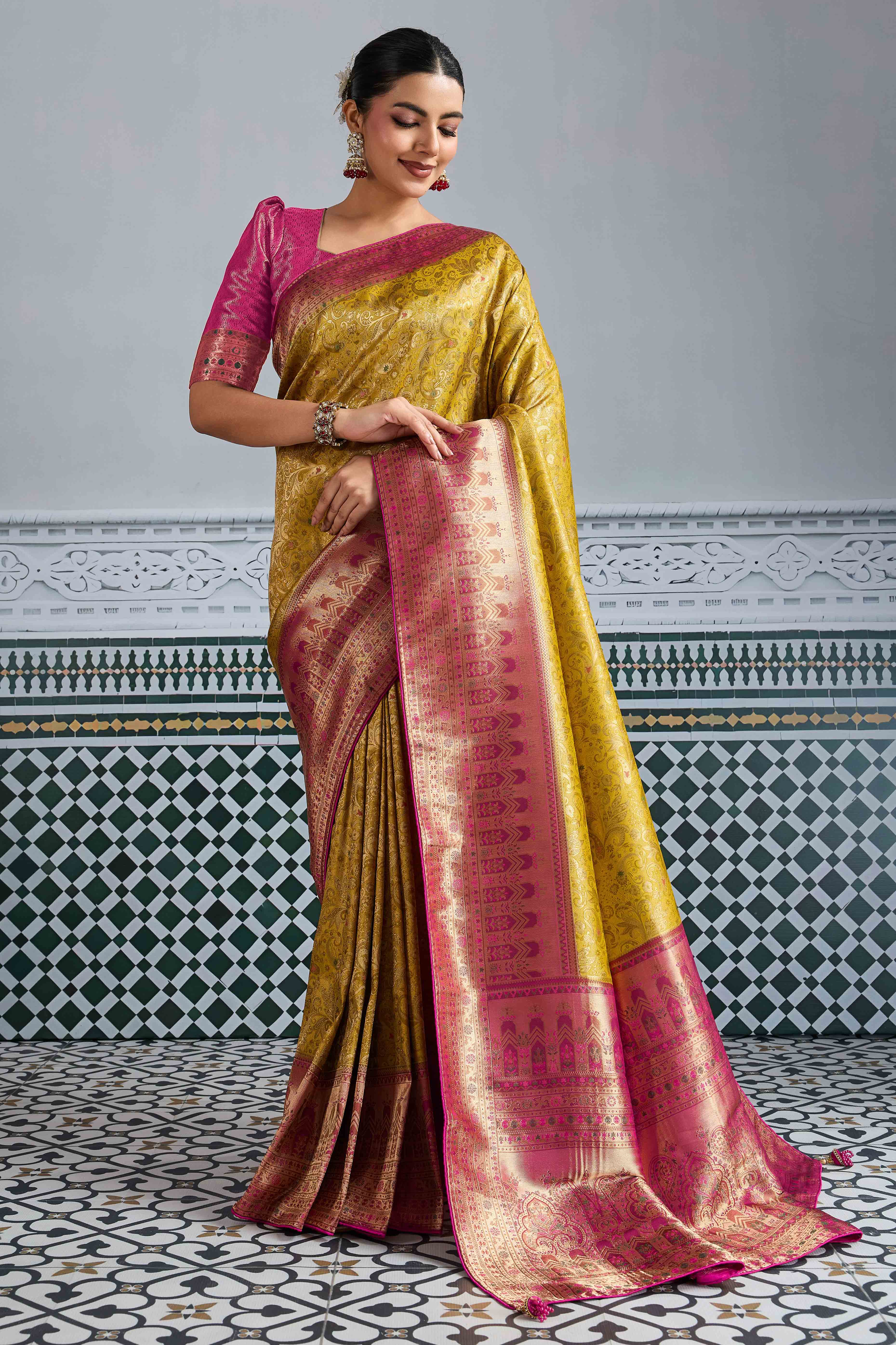 Mustard Floral Meenakari Weaving Kanjivaram Silk Saree With Rich Piping & Tassel Pallu