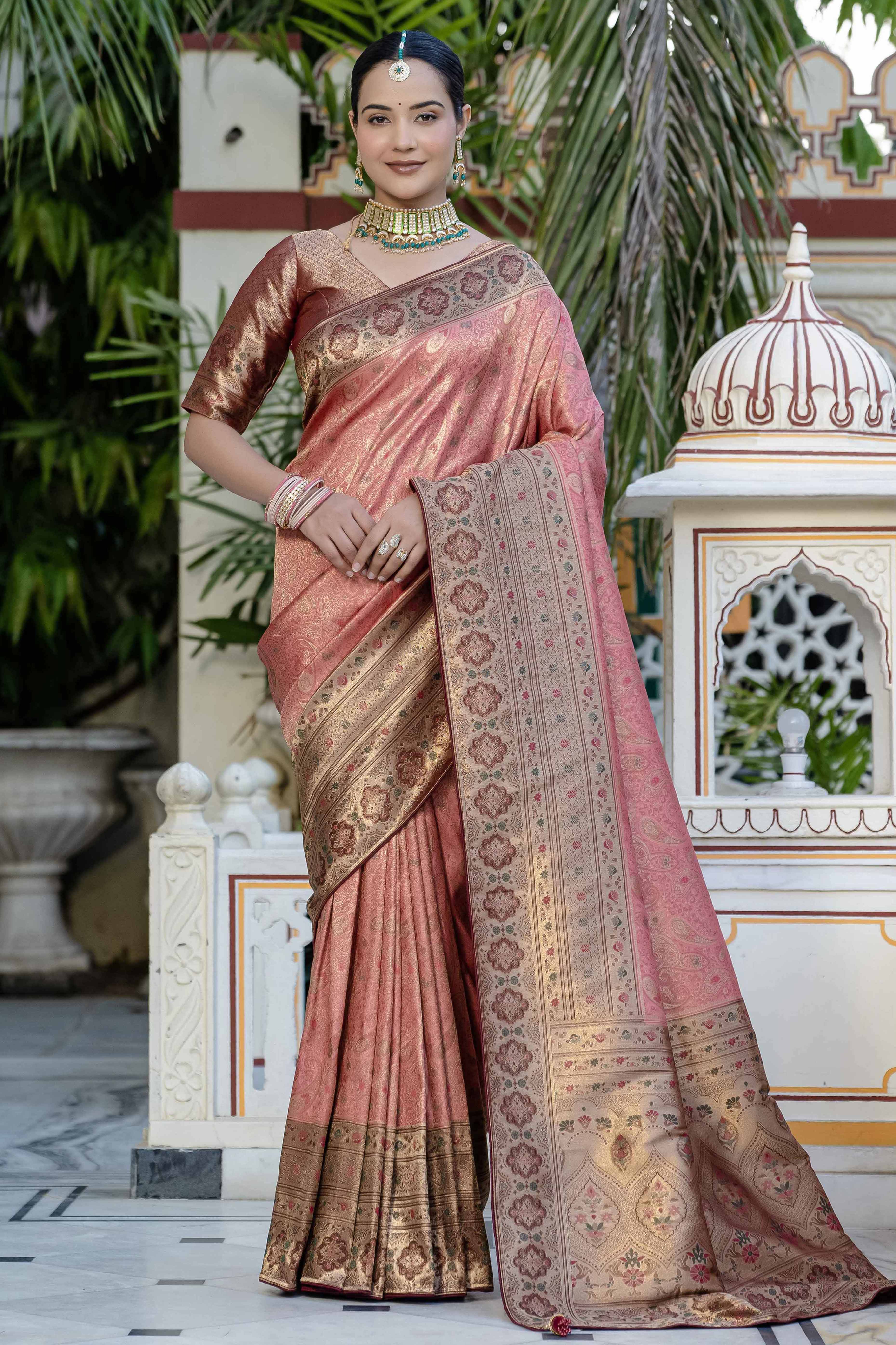Gajari Pink Kanjivaram Silk Saree Showcasing Floral Meenakari Zari Weaving With Piping & Tassels