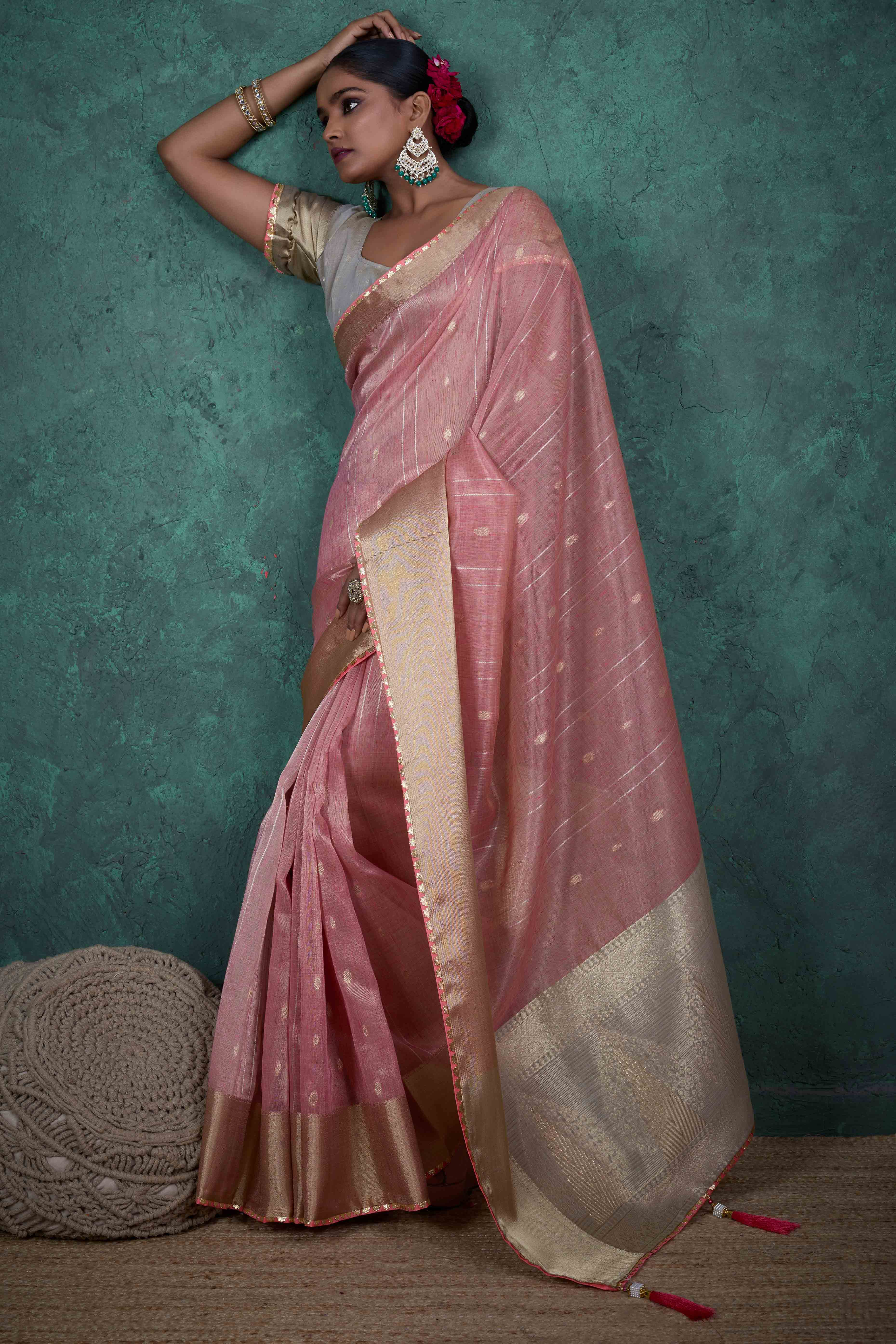 Baby Pink Ethnic Cotton Blend Saree with Shimmering Zari Butti Weaves