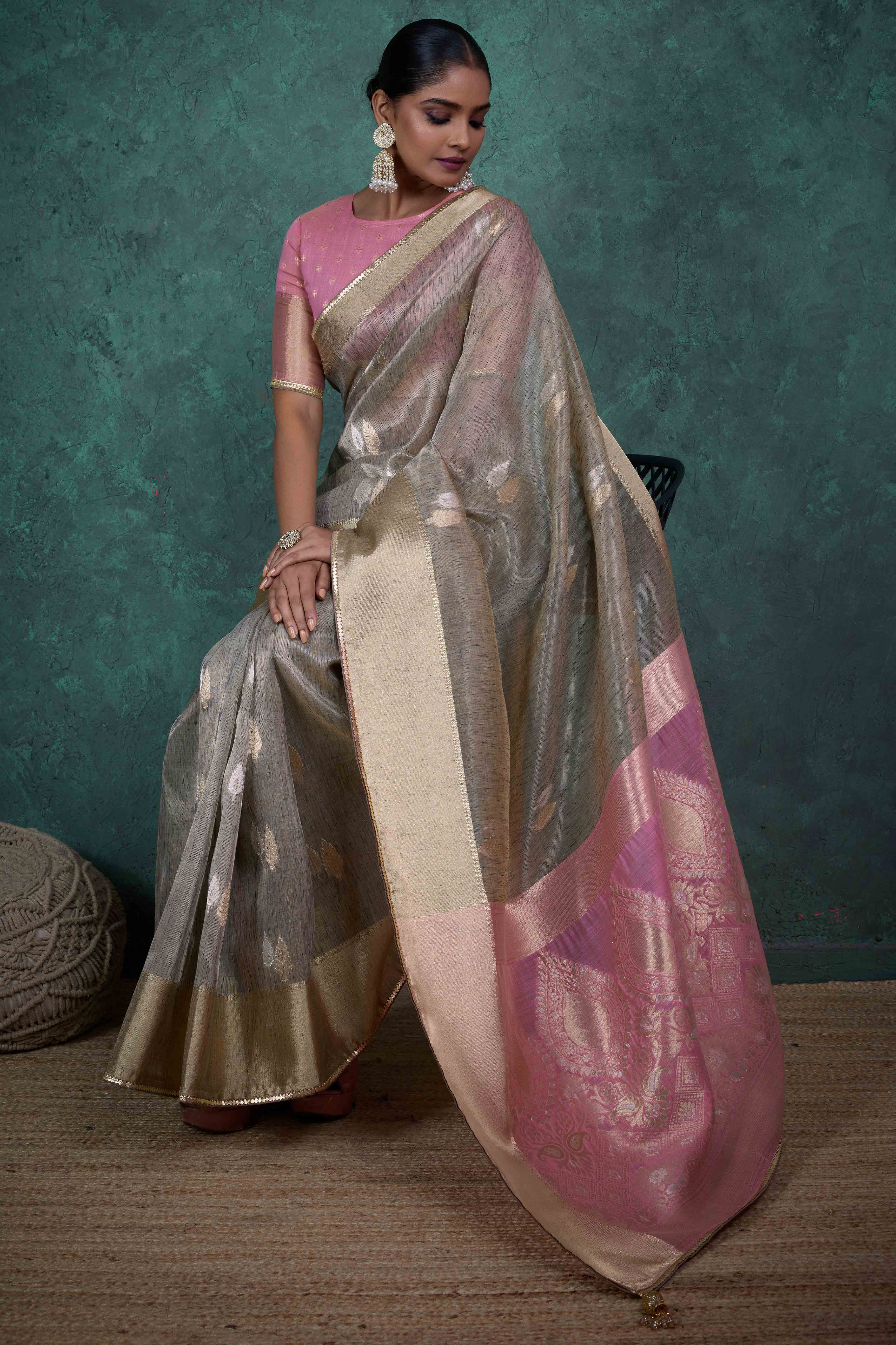 Taupe Grey Ethnic Cotton Blend Saree with Shimmering Zari Butti Weaves