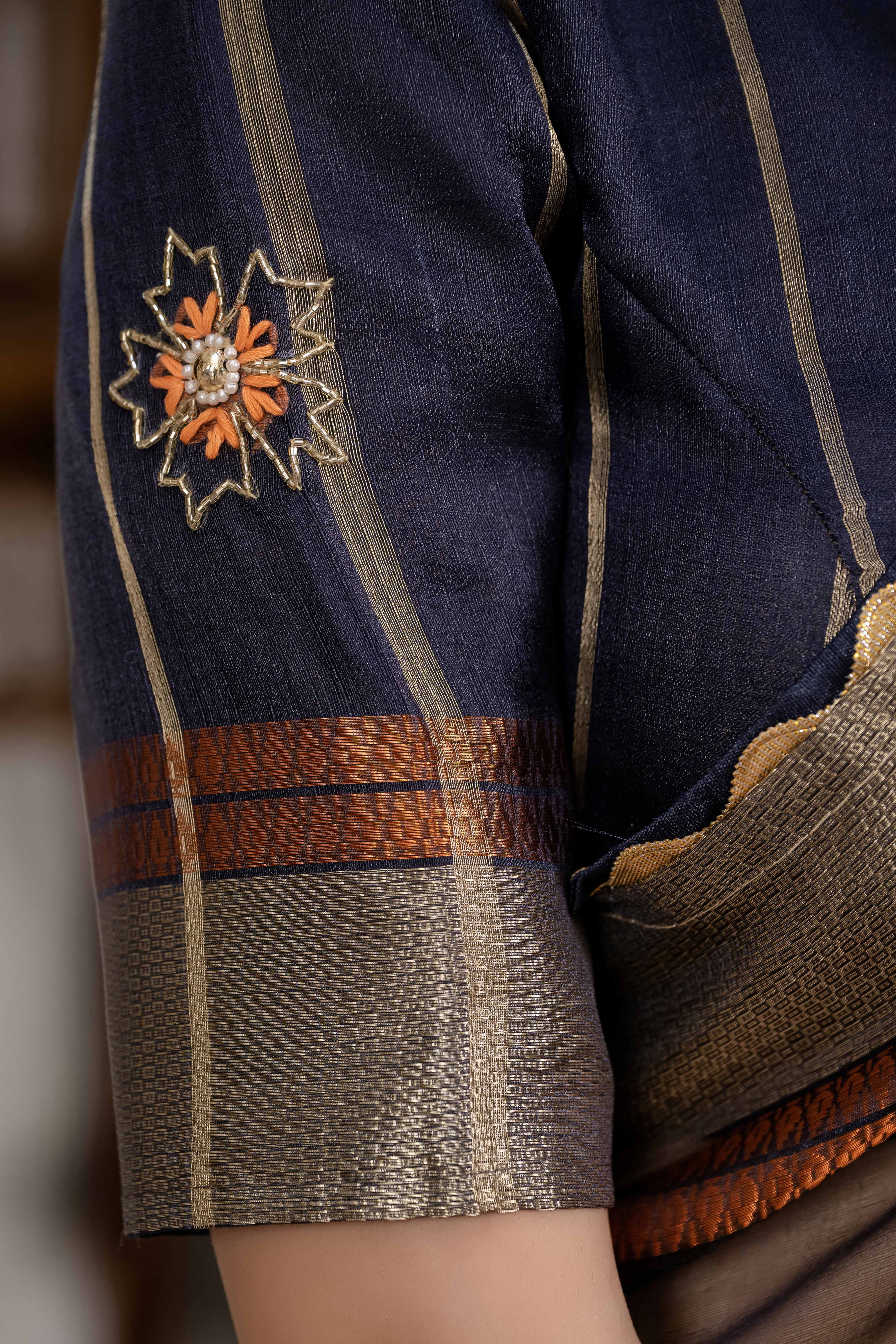 Black Floral Beads & Cutdana Handwork Kota Linen Saree With Zari Woven Pallu