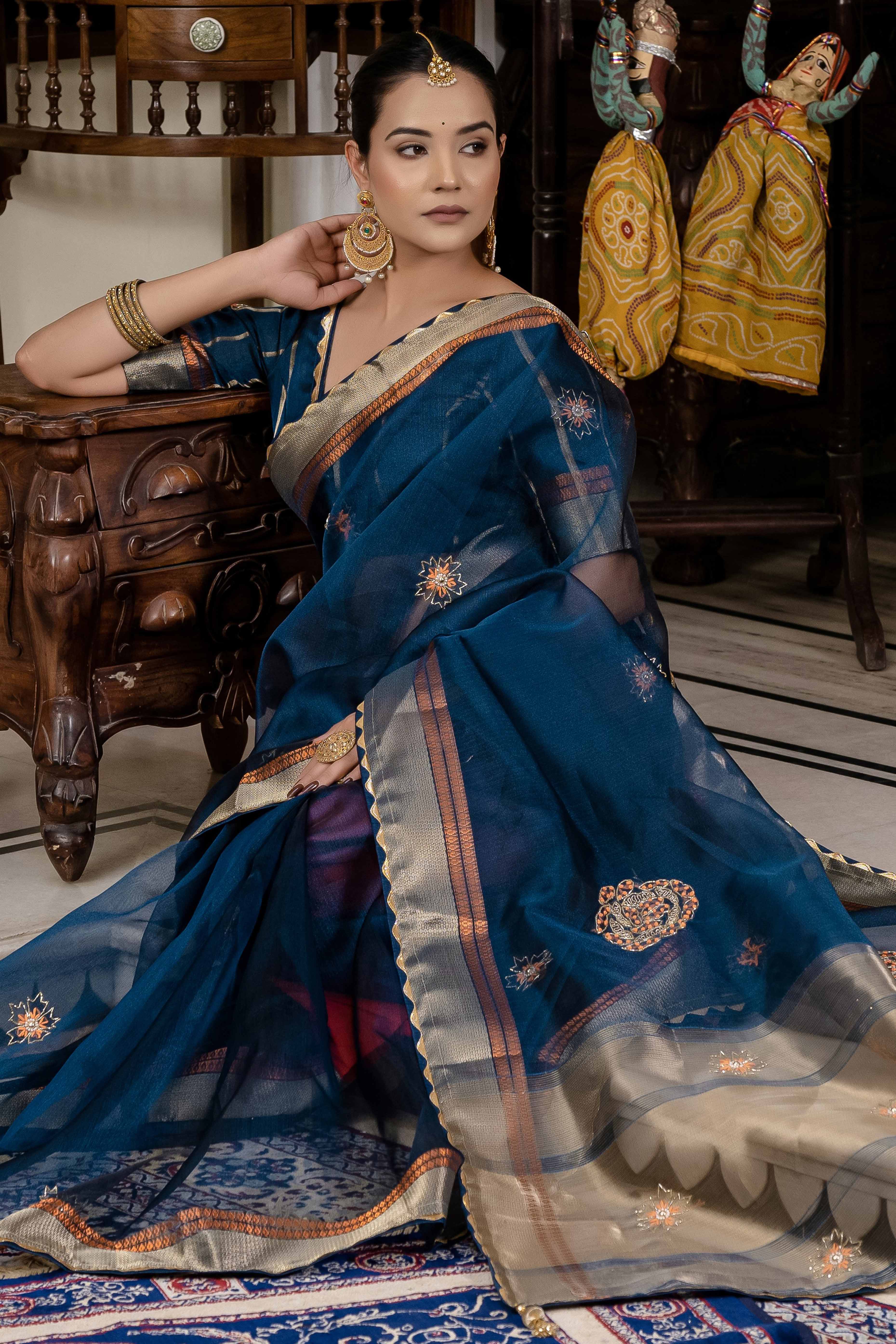 Blue Floral Beads & Cutdana Handwork Kota Linen Saree With Zari Woven Pallu