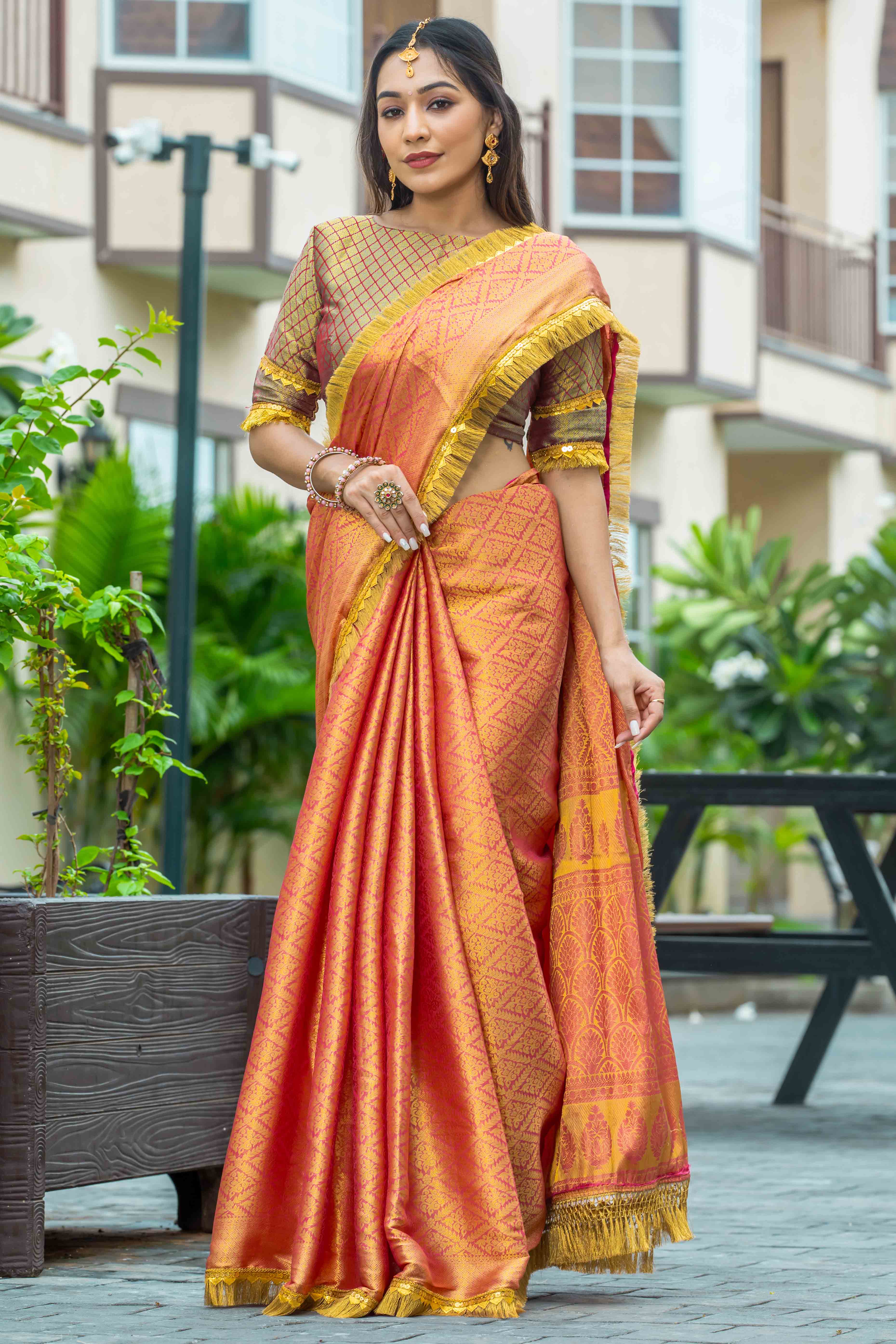 Orange Zari Weaving Mysore Brocade Silk Saree With Zari Border