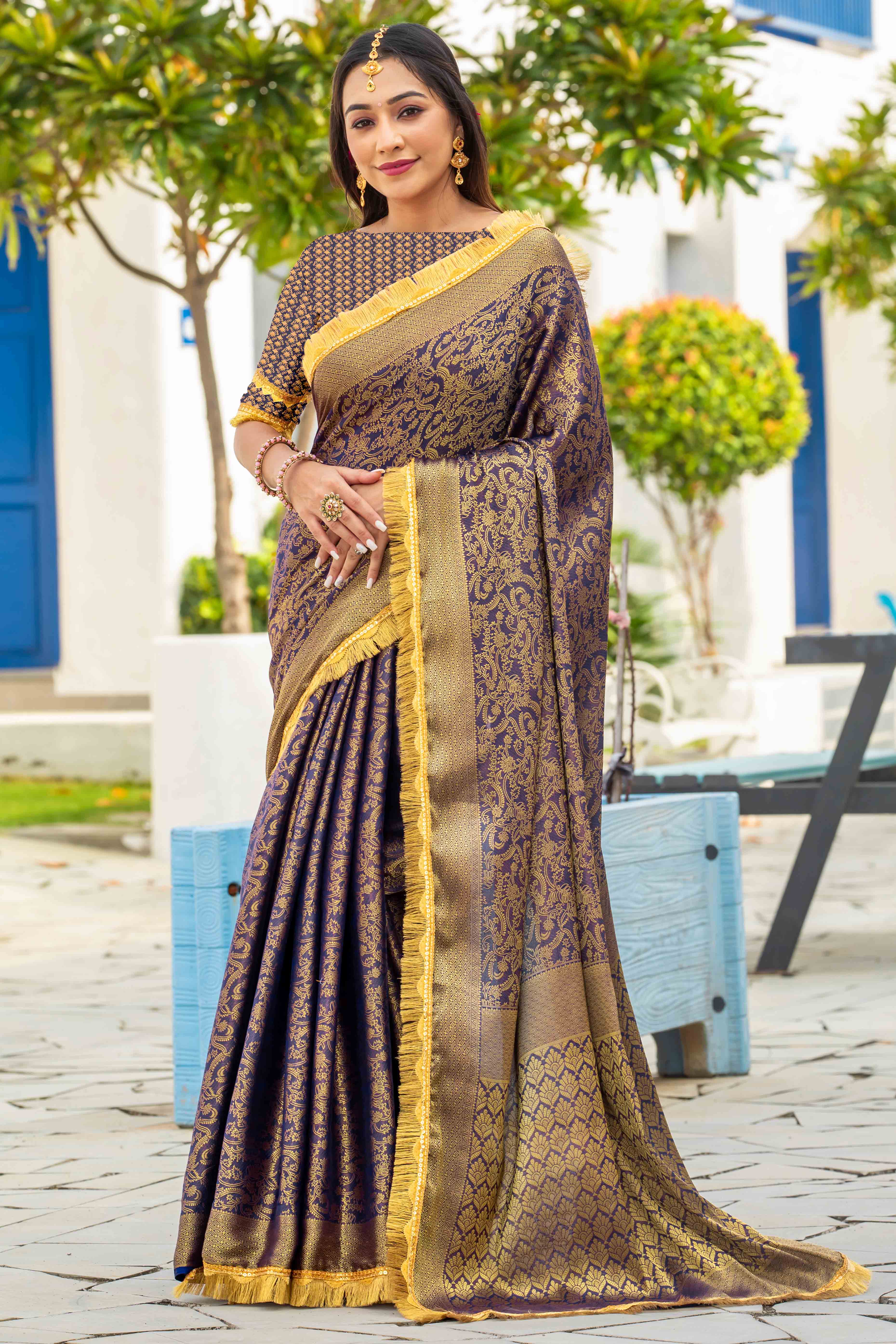 Blue Zari Weaving Mysore Brocade Silk Saree With Zari Border