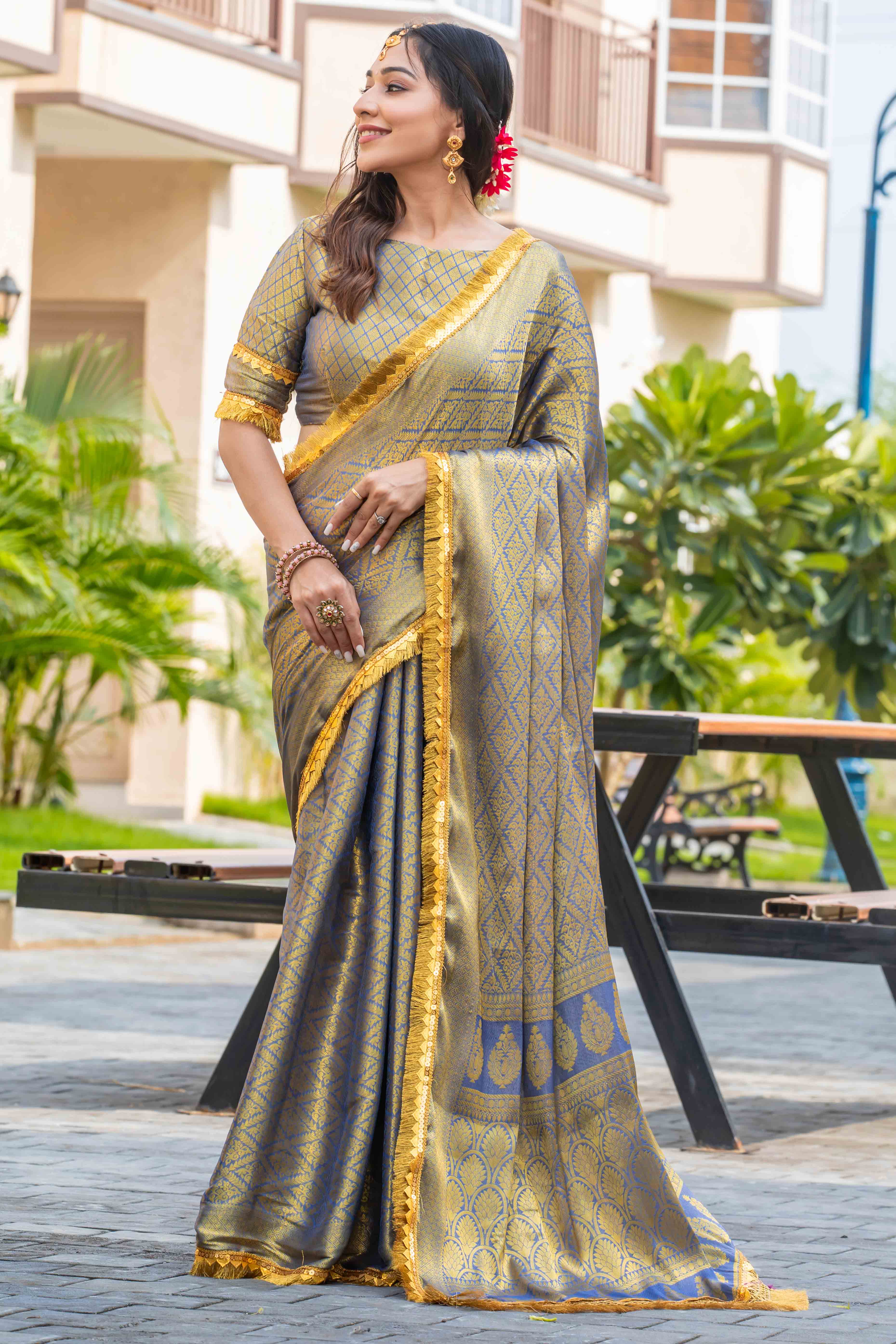 Grey Zari Weaving Mysore Brocade Silk Saree With Zari Border