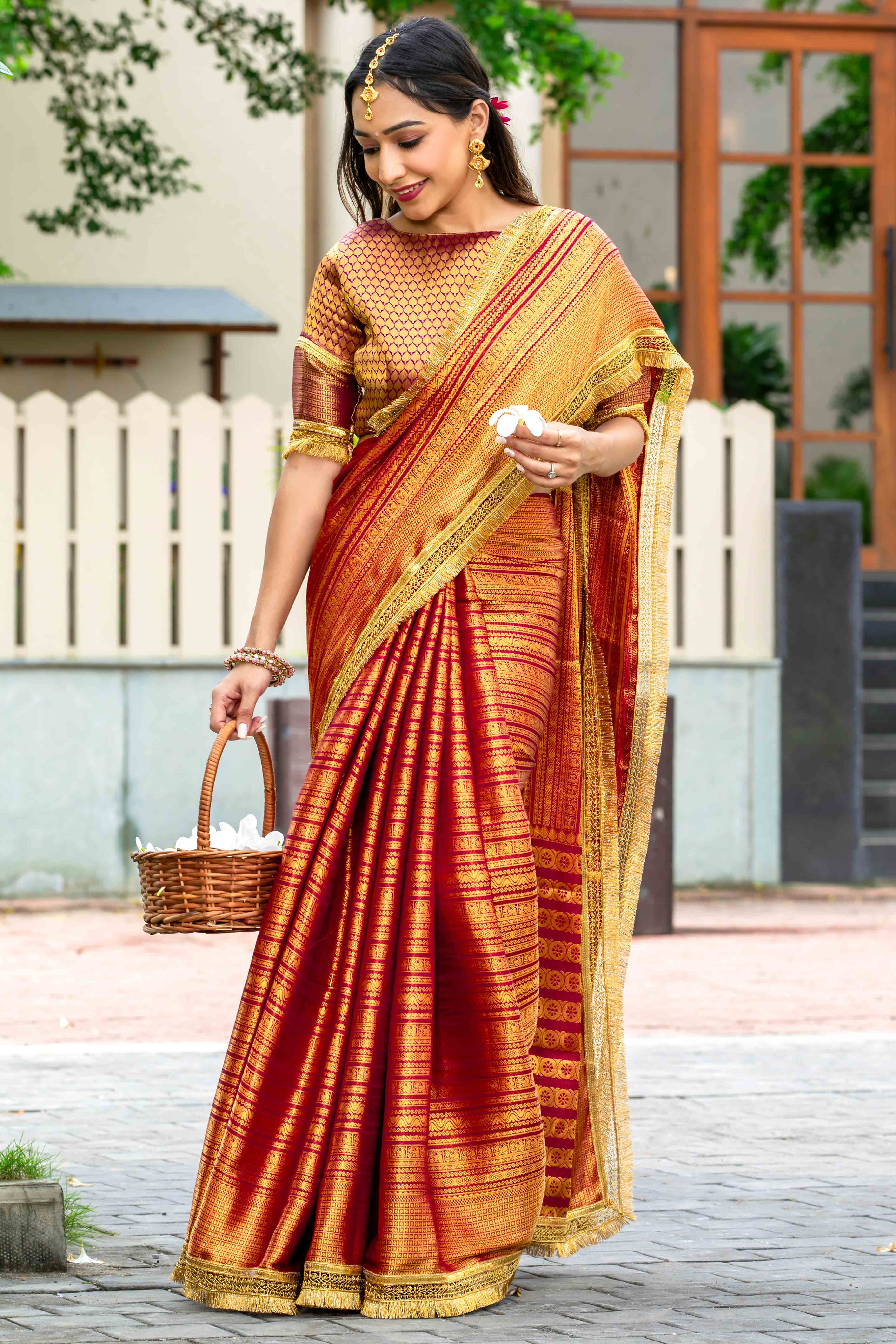 Red Zari Weaving Mysore Brocade Silk Saree With Zari Border
