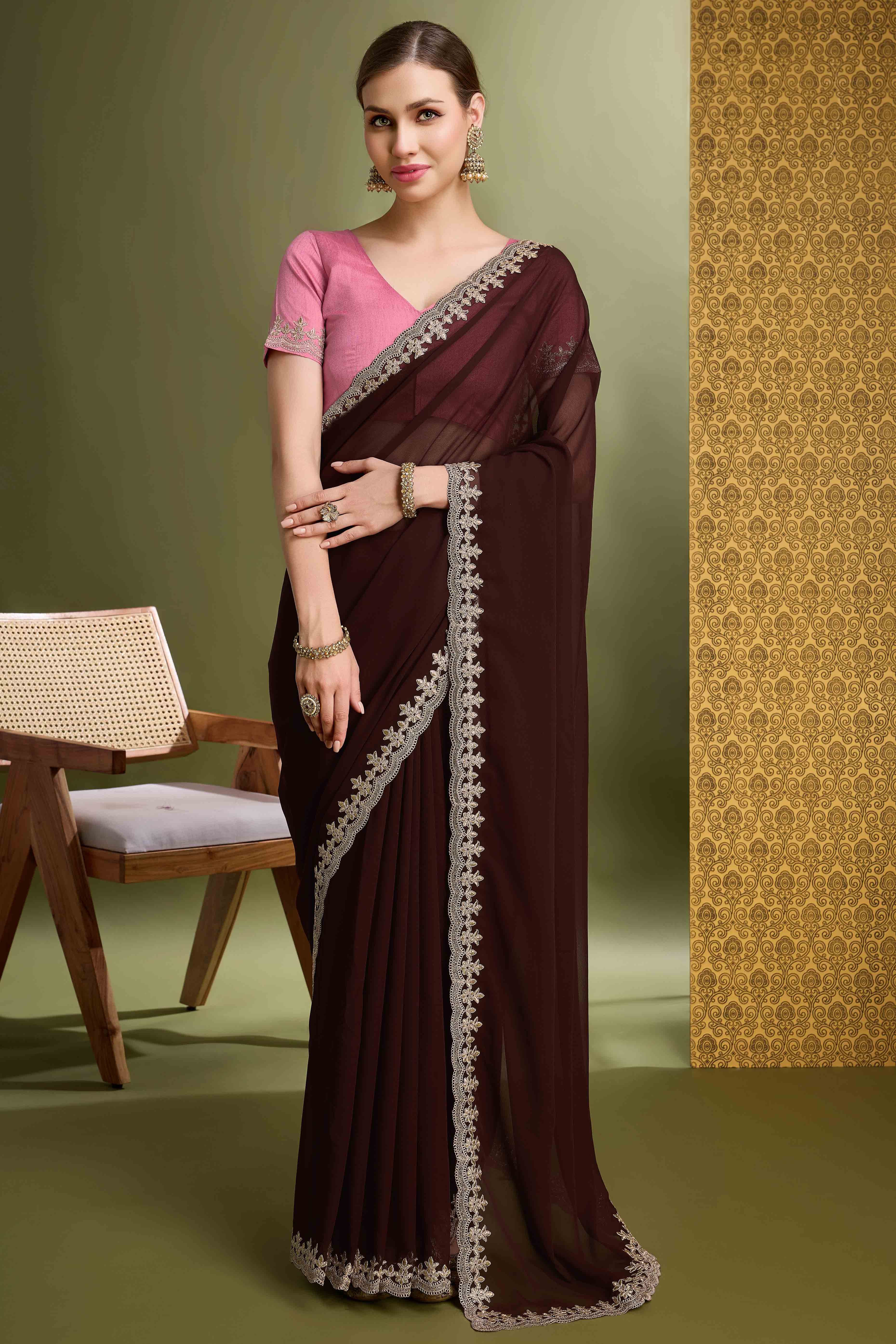 Brown Solid With Zari Embroidered Georgette Saree