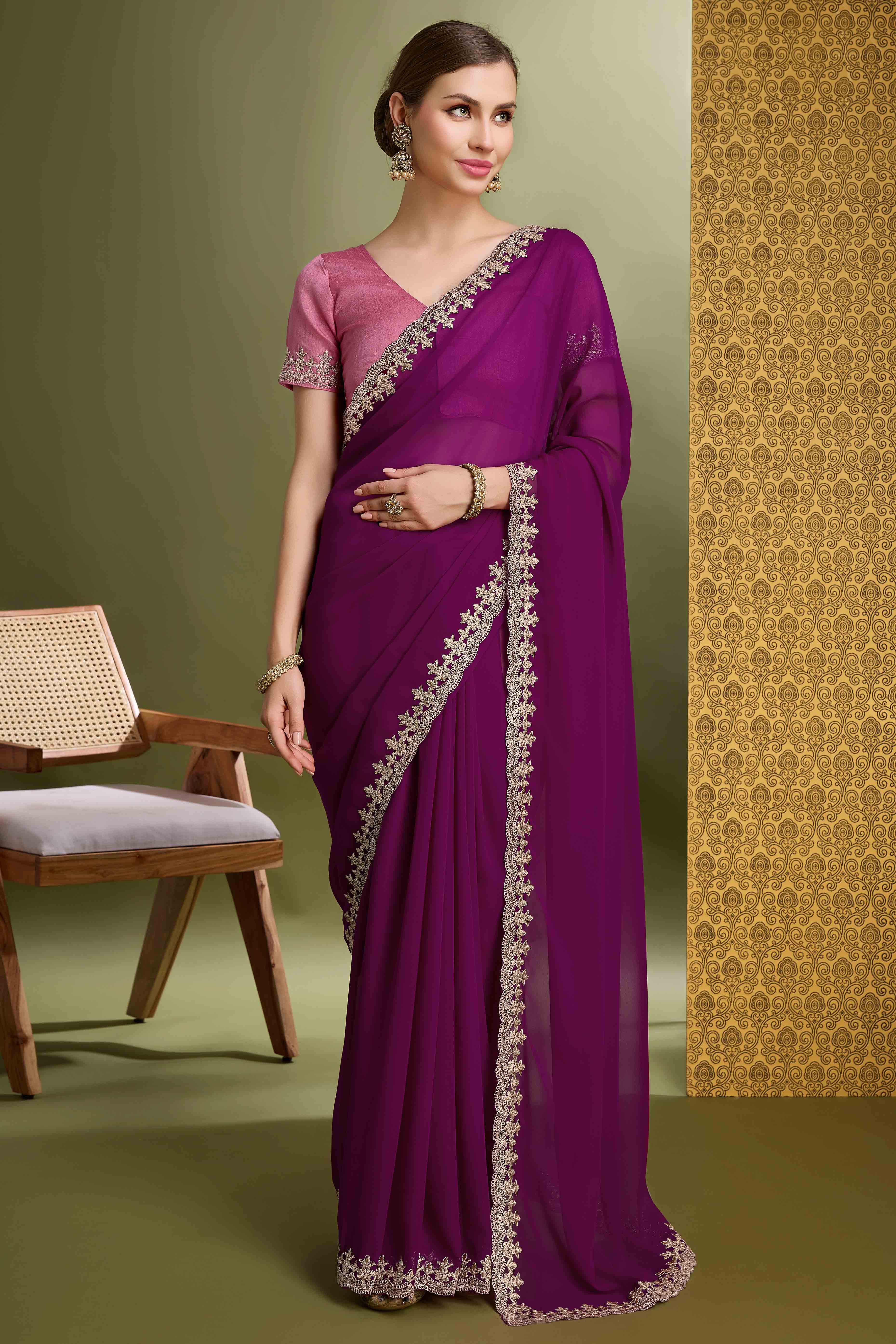 Purple Solid With Zari Embroidered Georgette Saree