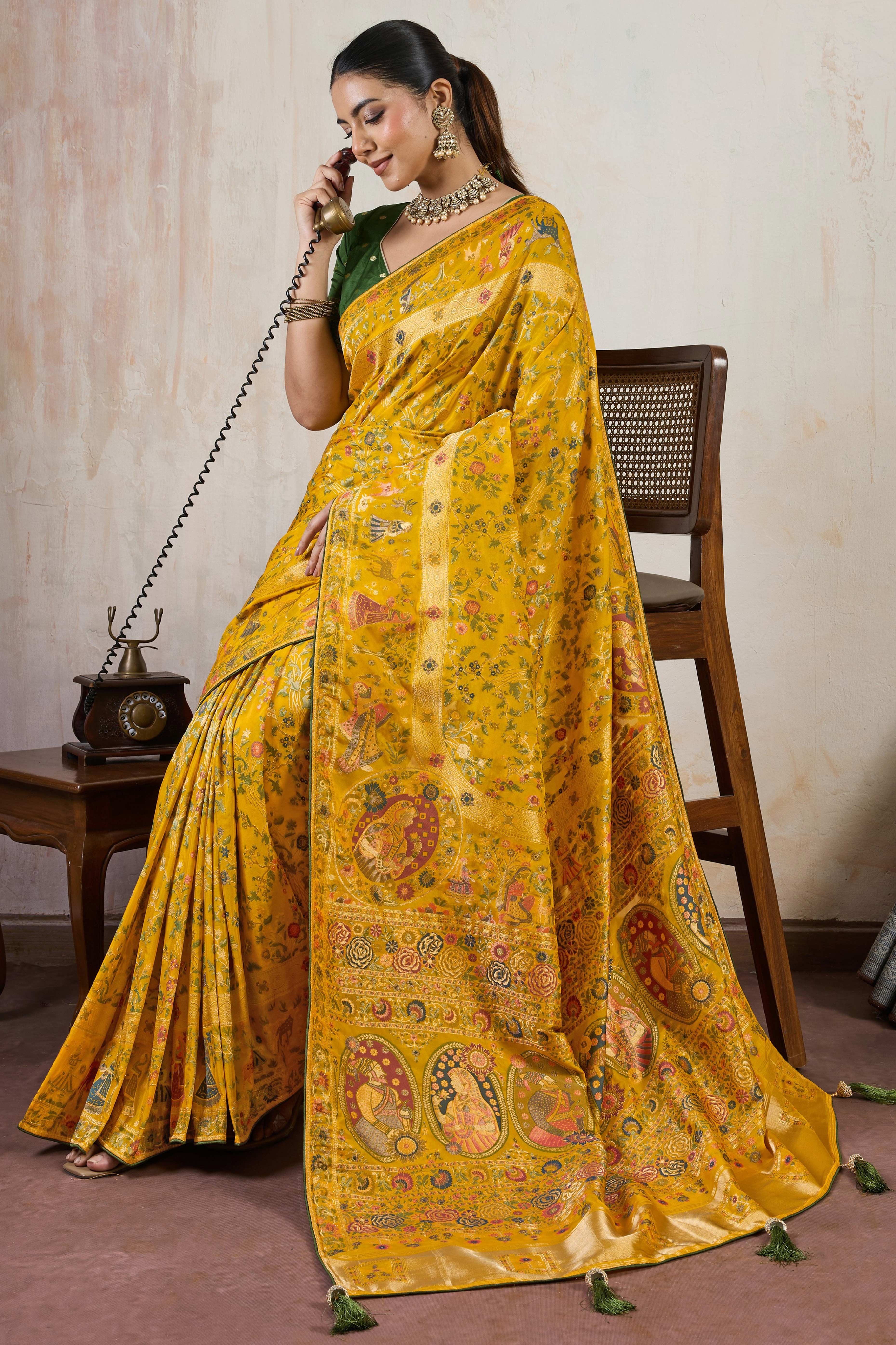 Mustard Traditional Pure Silk Saree Highlighted with Luxurious Meenakari Zari Weaving Accents