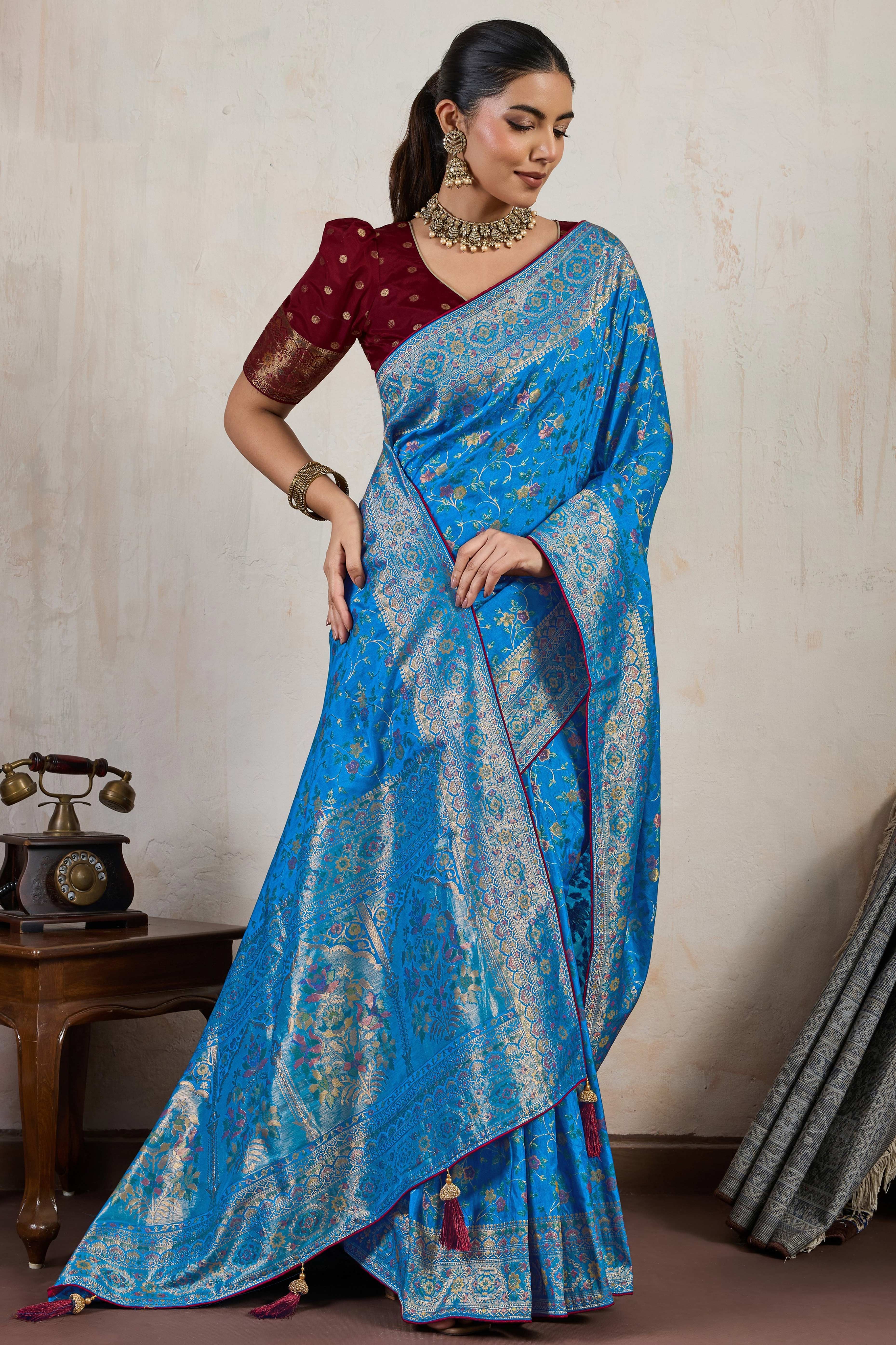 Blue Traditional Pure Silk Saree Highlighted with Luxurious Meenakari Zari Weaving Accents