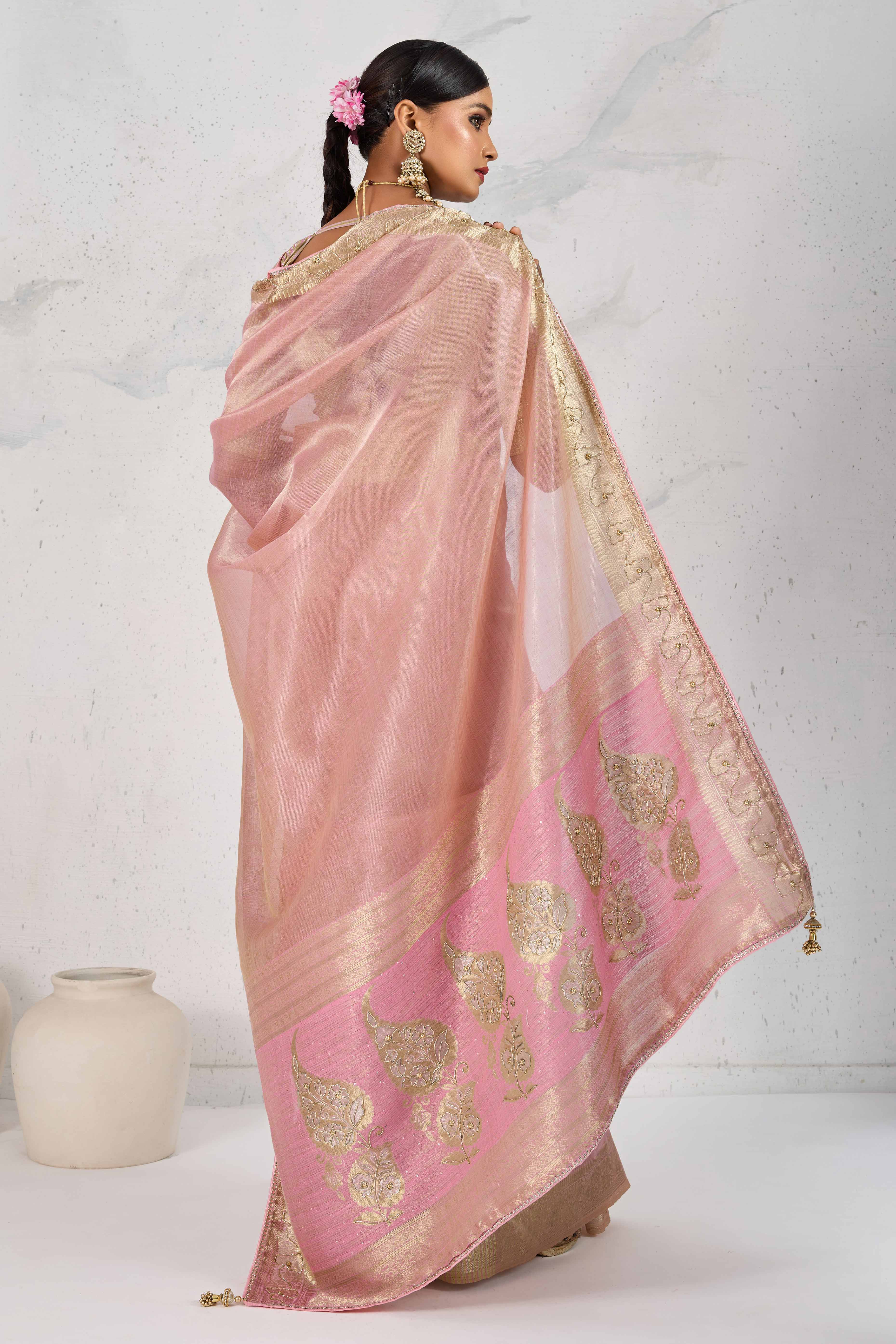 Pink Tissue Linen Saree Adorned With Intricate Zardosi & Pearl Cutdana Hand Embroidery