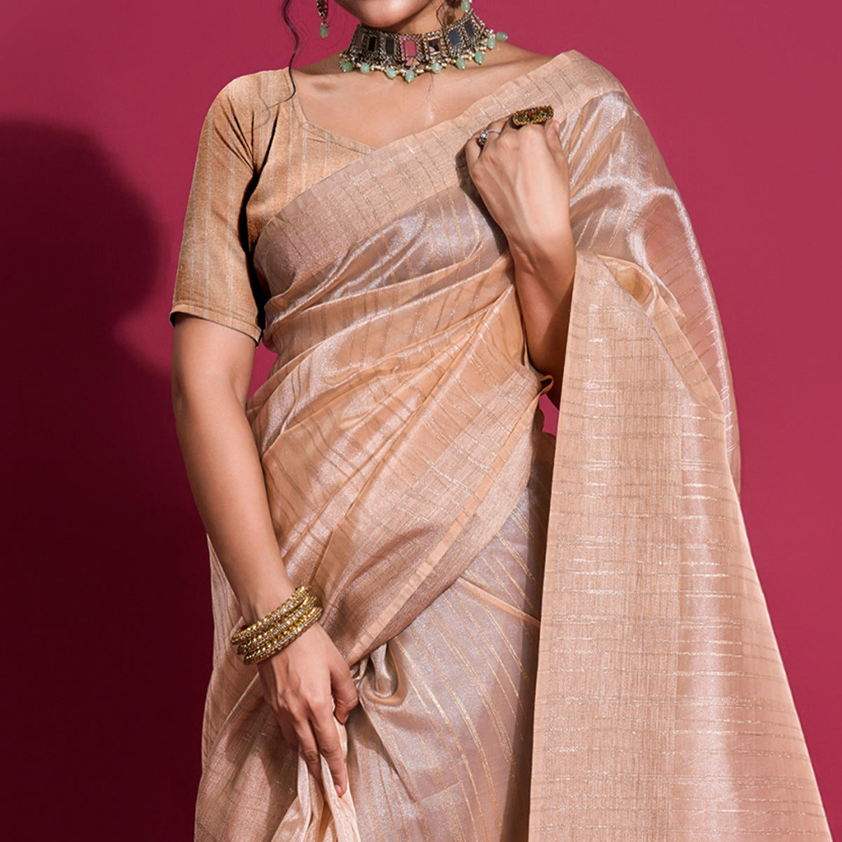 Beige Woven Organza Zari Saree With Tassels
