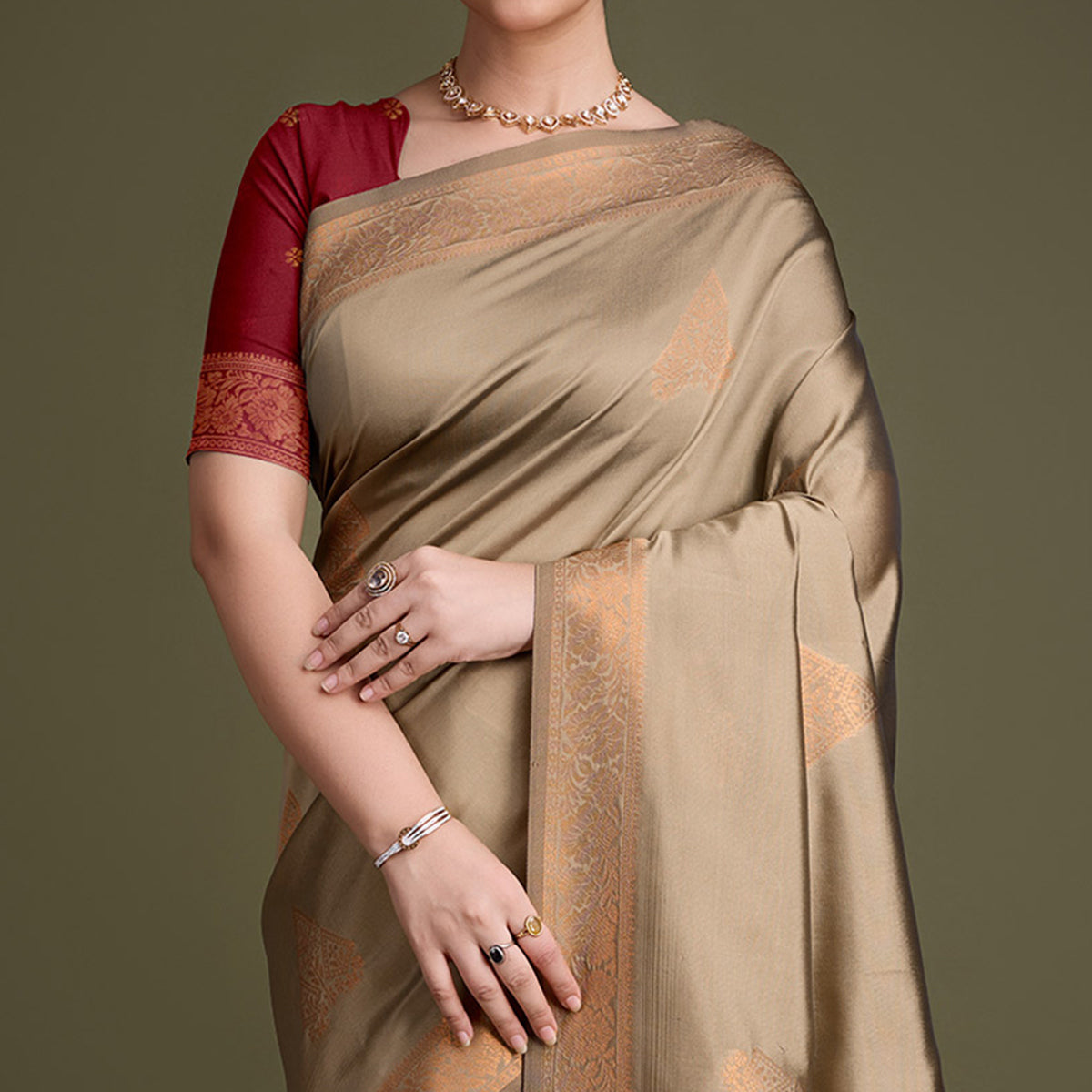 Chikoo Floral Woven Banarasi Silk Saree