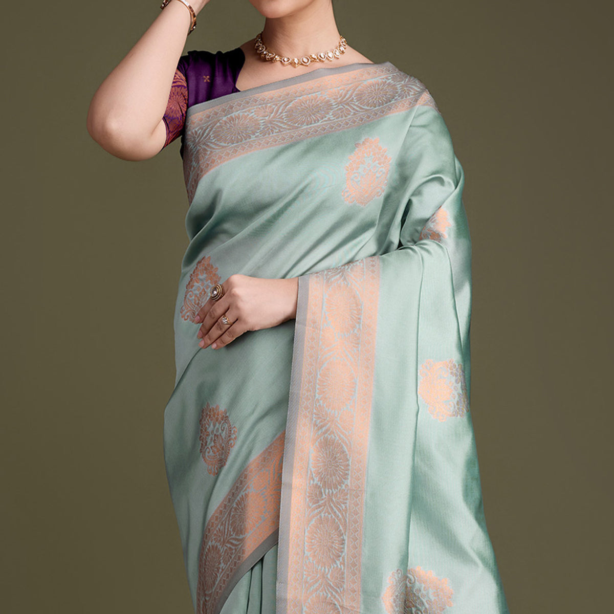 Sea Green Floral Woven Banarasi Silk Saree