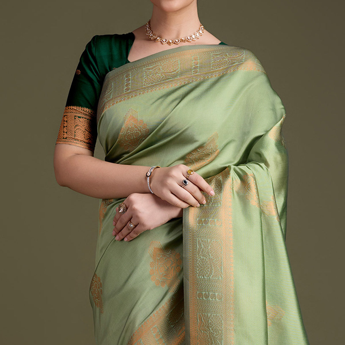 Green Floral Woven Banarasi Silk Saree