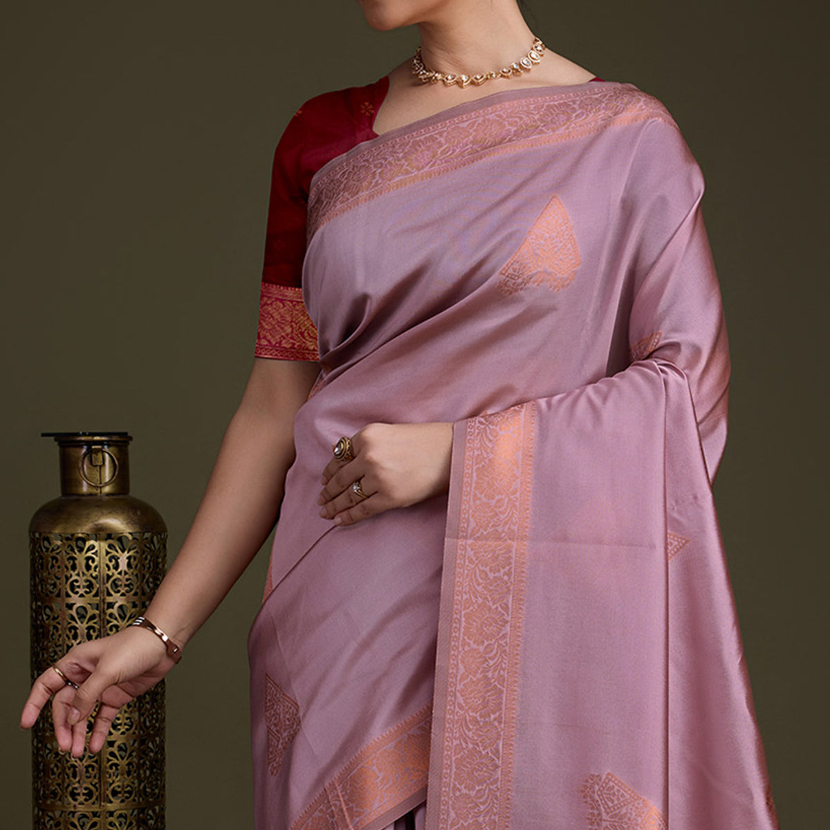 Dusty Pink Floral Woven Banarasi Silk Saree
