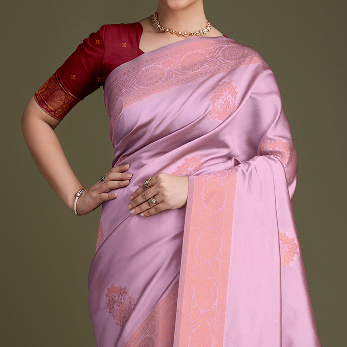 Pink Floral Woven Banarasi Silk Saree