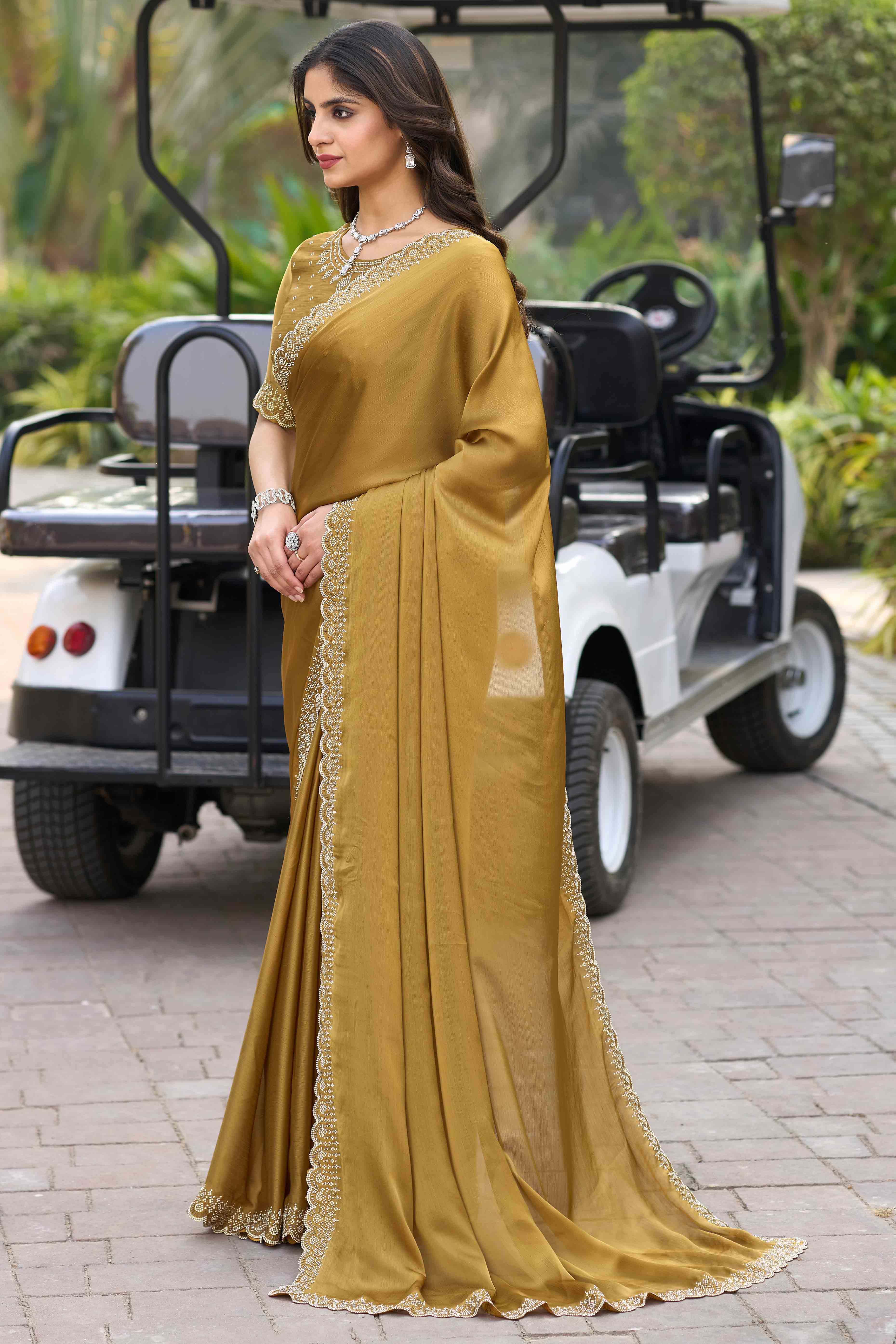 Mustard Solid Satin Chiffon Saree With Cutdana & Zarkan Handwork